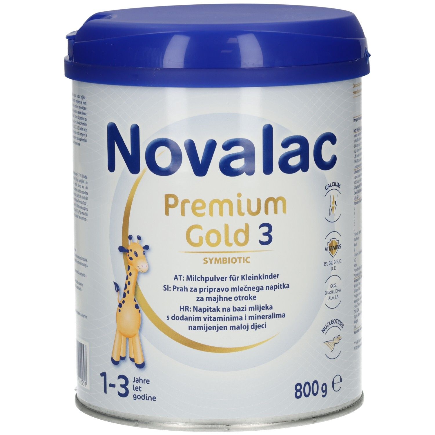 Dose Novalac Premium Gold 3. Milchpulver für Kleinkinder. Blaue Dose mit Deckel. Giraffen-Illustration.
