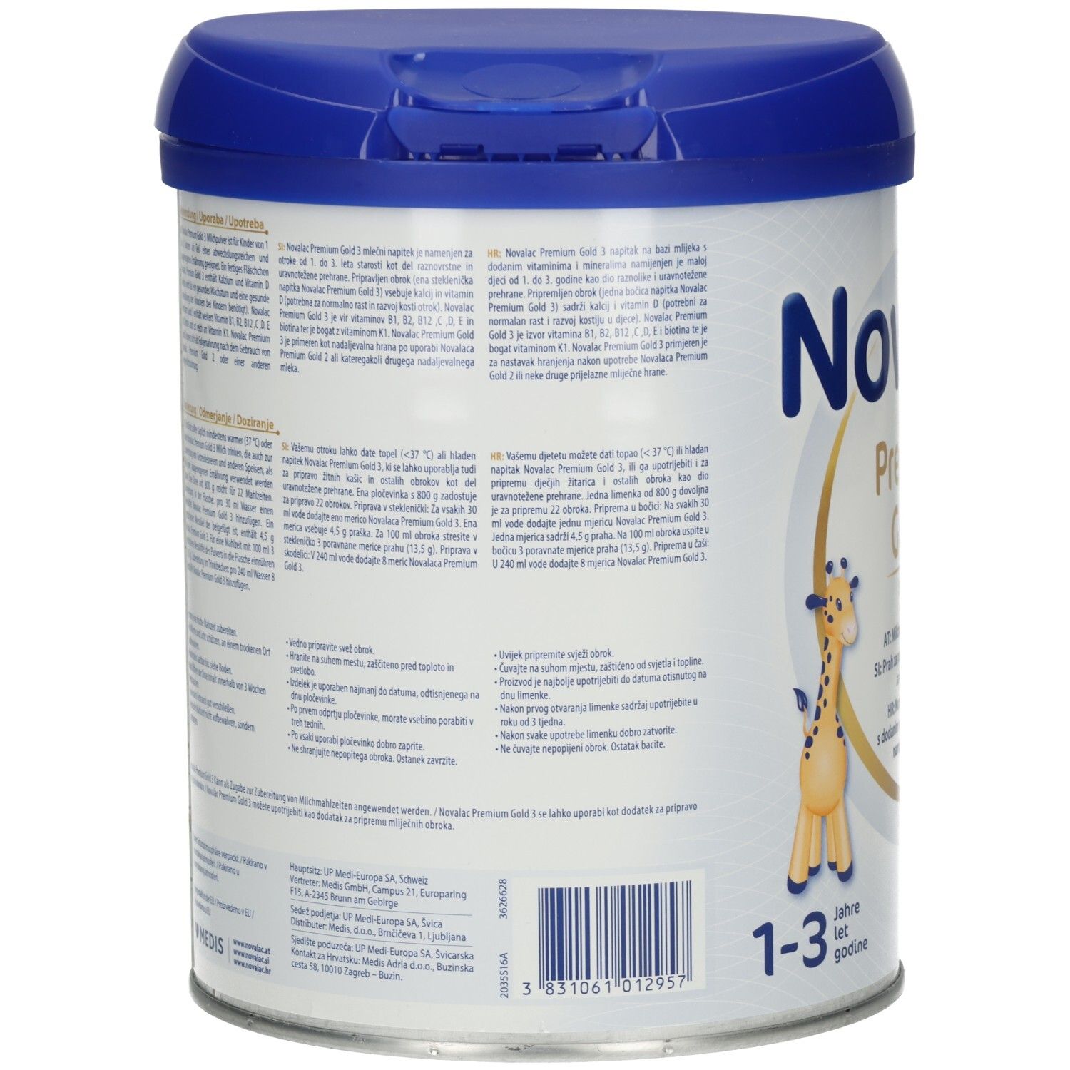 Rückseite der Novalac Premium Gold 3 Dose. Text in mehreren Sprachen. Blaue Dose mit Deckel.