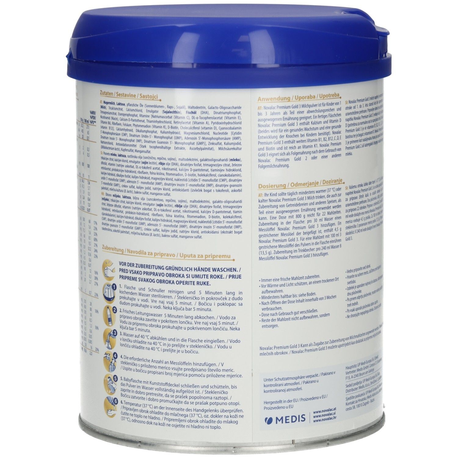 Rückseite der Novalac Premium Gold 3 Dose. Text und Zubereitungshinweise. Blaue Dose mit Deckel.