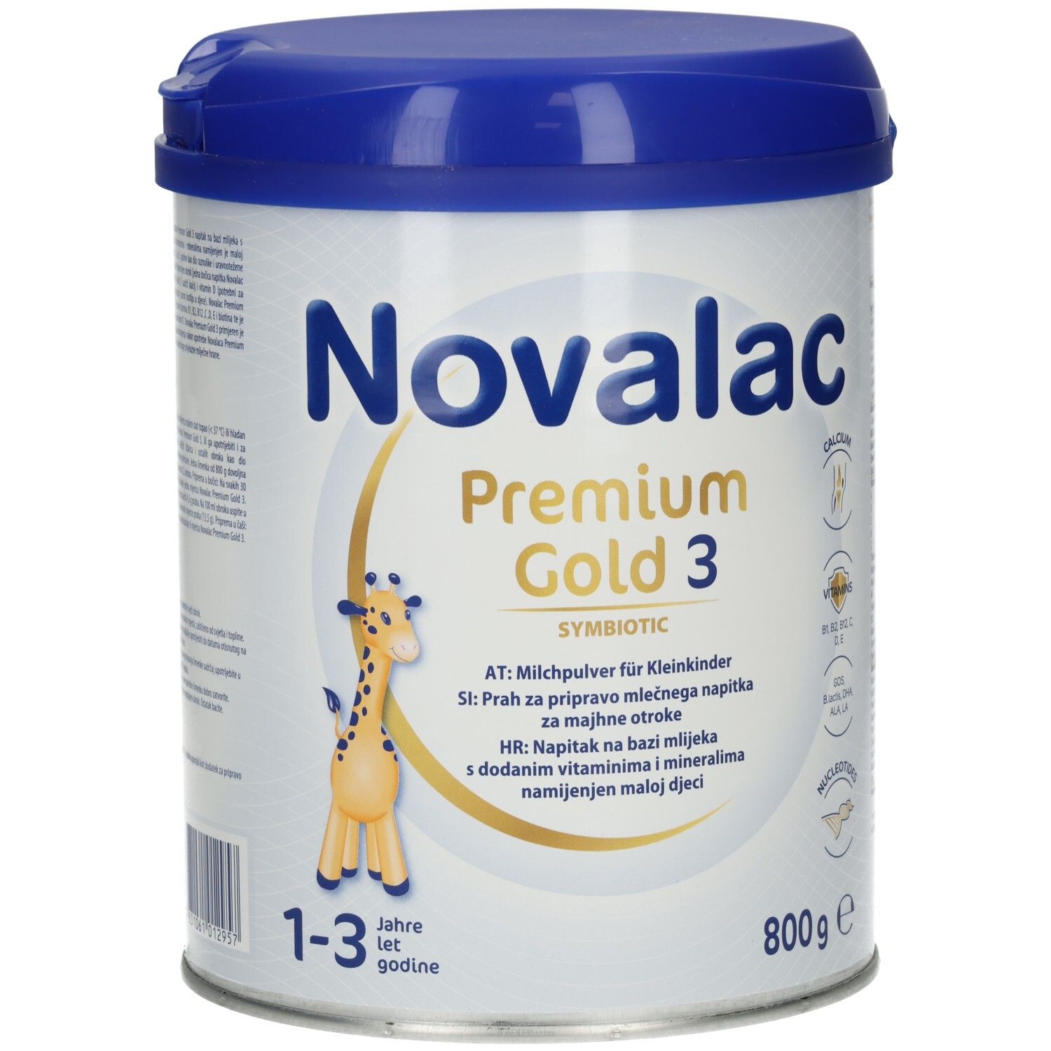 Dose Novalac Premium Gold 3. Milchpulver für Kleinkinder. Blaue Dose mit Deckel. Giraffen-Illustration.