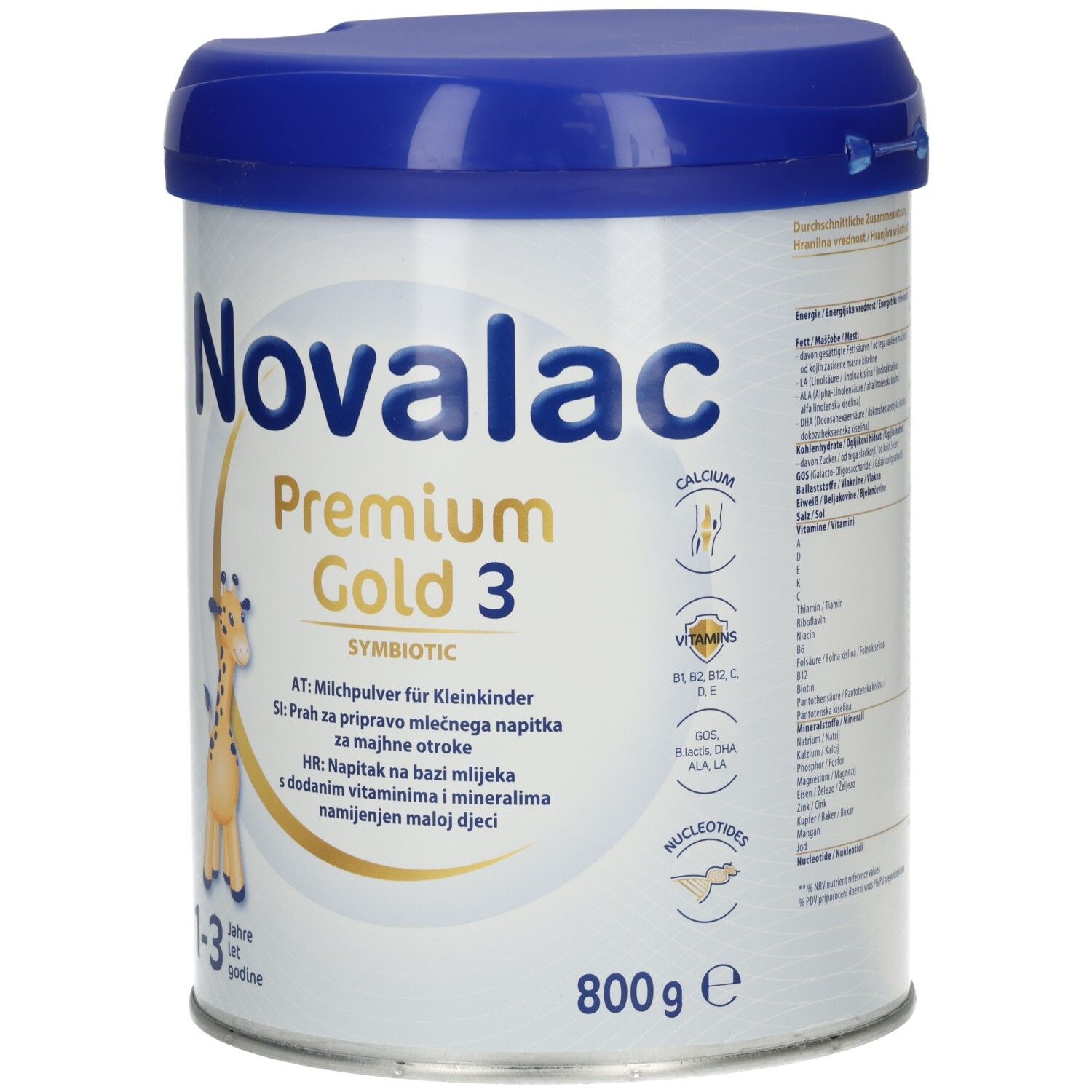 Dose Novalac Premium Gold 3. Milchpulver für Kleinkinder. Blaue Dose mit Deckel. Giraffen-Illustration.