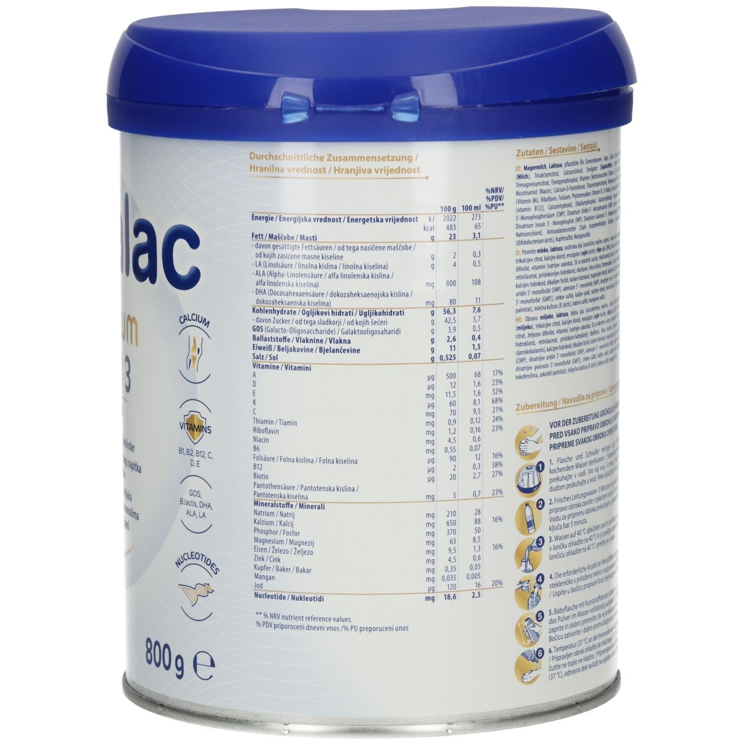 Rückseite der Novalac Premium Gold 3 Dose. Nährwertangaben. Blaue Dose mit Deckel.