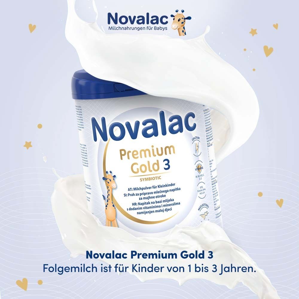 Novalac Premium Gold 3, Milchpulver. Milchspritzer, gelbe Sterne. Text: Folgemilch für Kinder von 1 bis 3 Jahren.