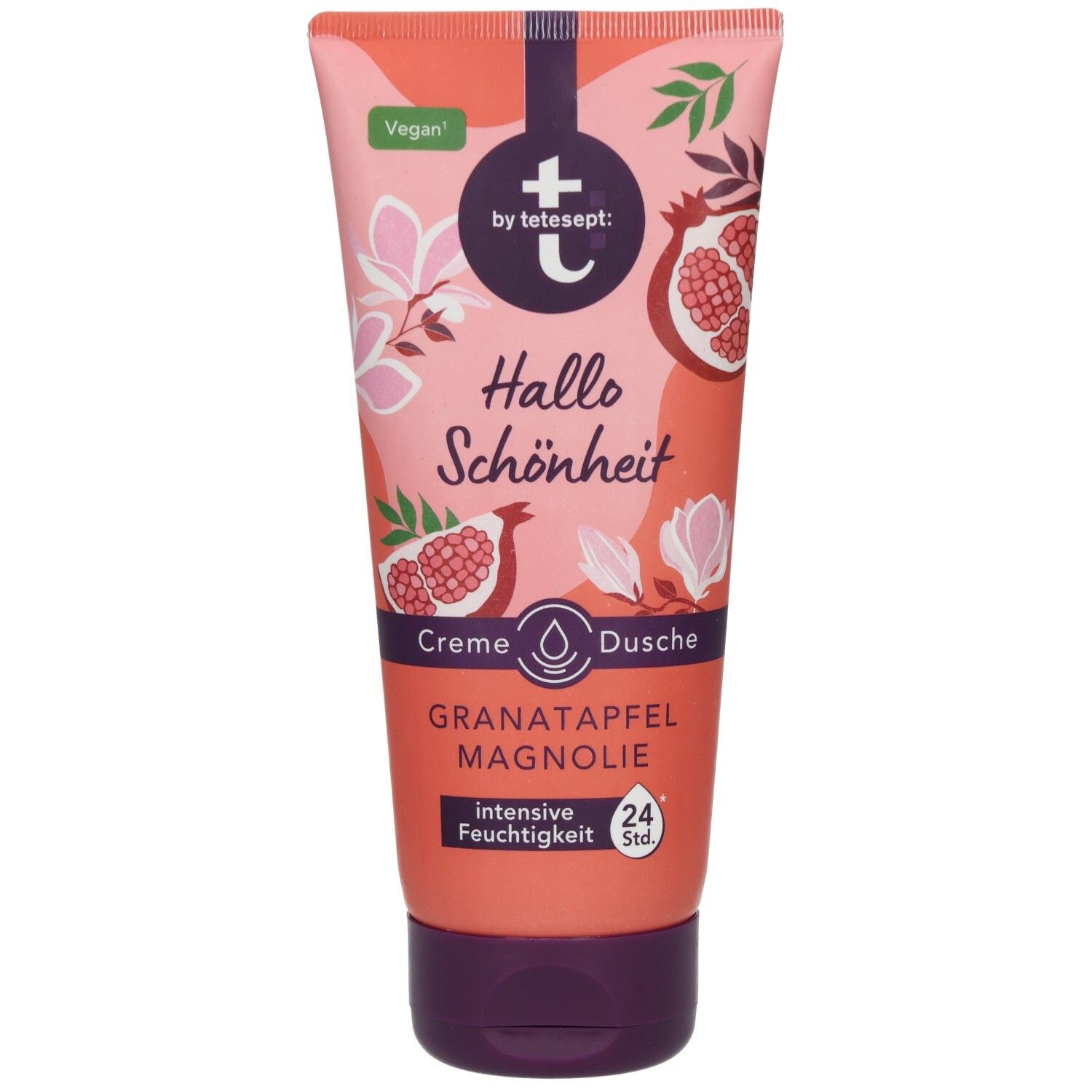 Creme Dusche, Tube mit "t by tetesept® Hallo Schönheit" Aufdruck. Granatapfel und Magnolie Abbildung. Vegan.