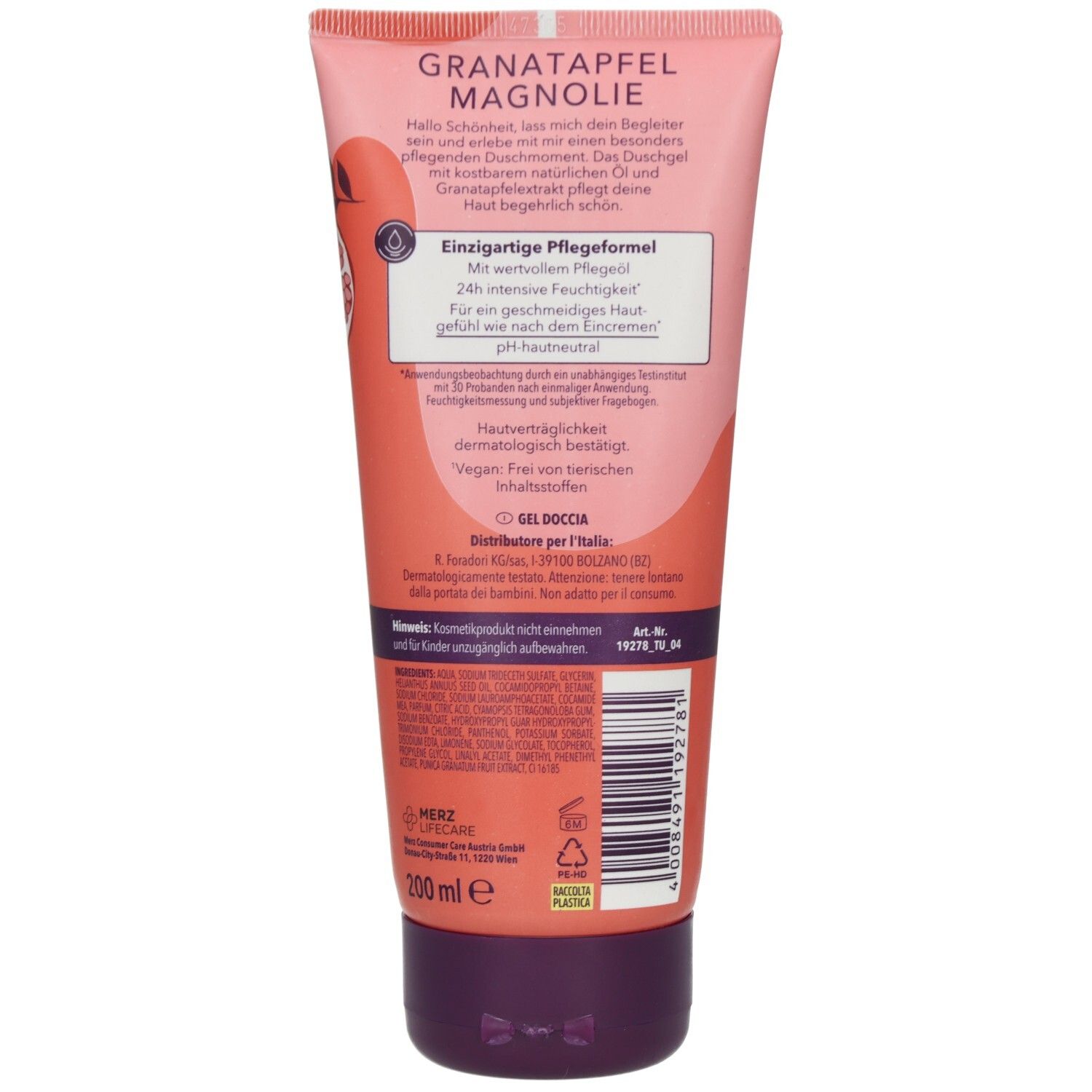 Rückseite der Creme Dusche Tube. Text: Granatapfel Magnolie, einzigartige Pflegeformel, 24h Feuchtigkeit, pH-neutral.