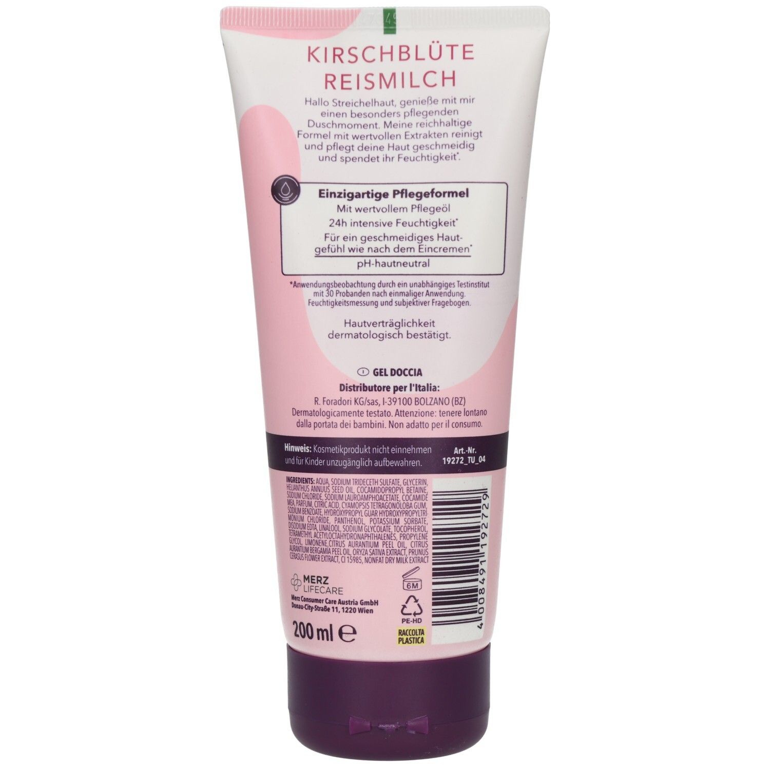 Rückseite der Creme-Dusche-Tube. Text: Kirschblüte Reismilch, einzigartige Pflegeformel, 24h Feuchtigkeit, pH-hautneutral, 200 ml.