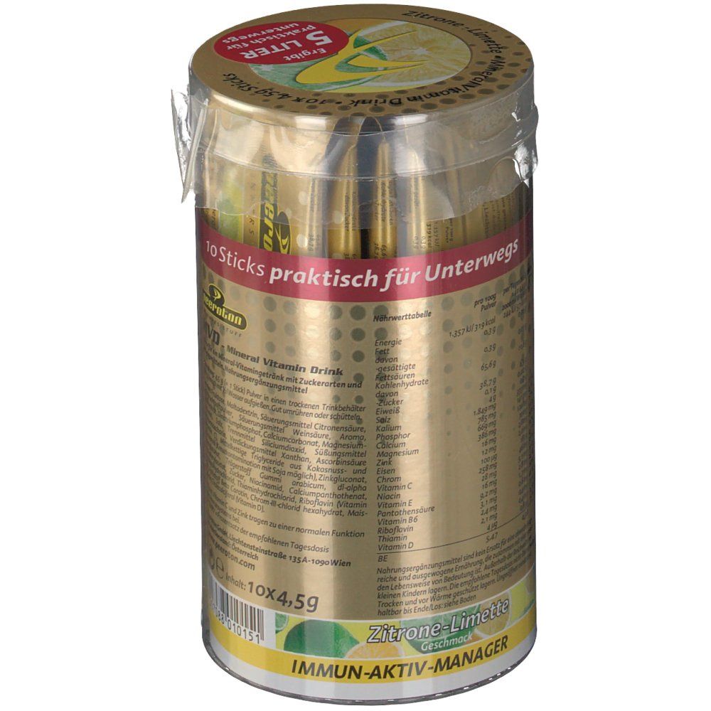 Zylinderförmige Verpackung mit peeroton® MVD Mineral Vitamin Drink Sticks. Goldfarben, durchsichtige Folie. Aufschrift: MVD, Zitrone-Limette, Nährwertangaben.