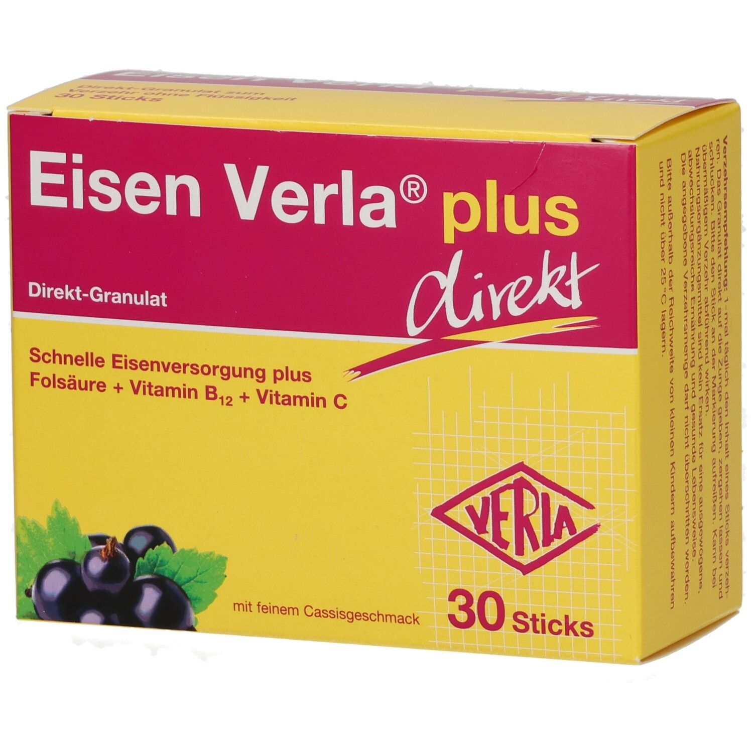 Gelb-rote Schachtel mit Produktnamen Eisen Verla plus direkt. Enthält 30 Sticks. Abbildung von schwarzen Johannisbeeren.