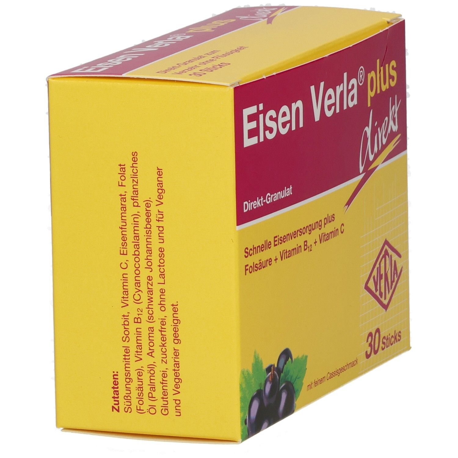 Gelb-rote Schachtel, Produktname Eisen Verla plus direkt. Seitenansicht mit Zutatenliste und 30 Sticks.
