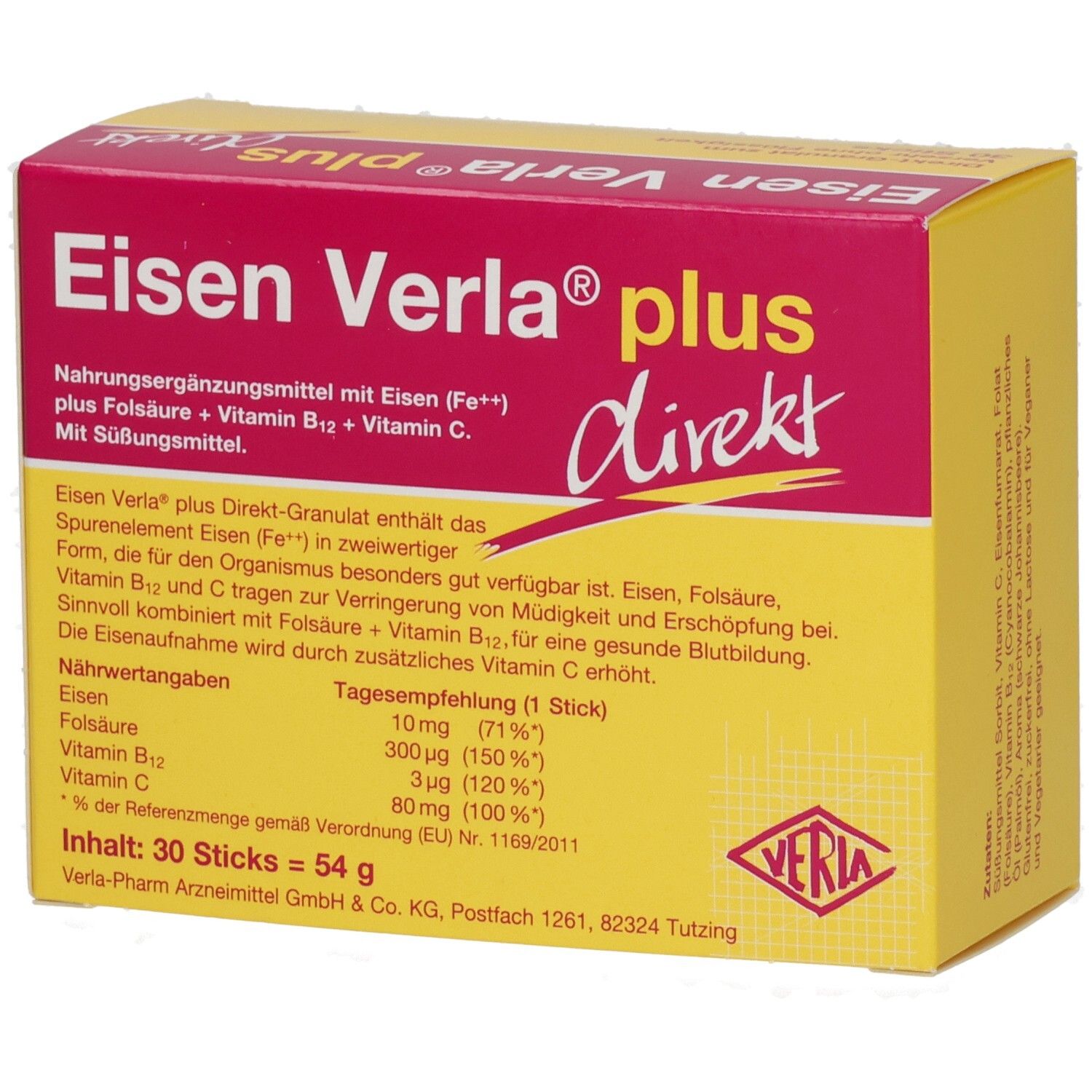 Gelb-rote Schachtel, Produktname Eisen Verla plus direkt. Enthält 30 Sticks. Nährwertangaben sind sichtbar.