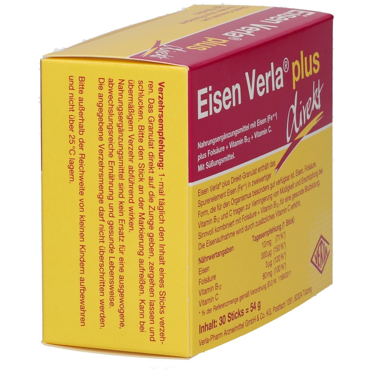 Gelb-rote Schachtel, Produktname Eisen Verla plus direkt. Enthält 30 Sticks. Gebrauchsanweisung ist sichtbar.