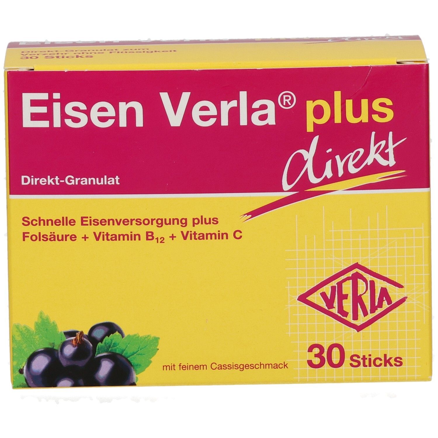 Gelb-rote Schachtel, Produktname Eisen Verla plus direkt. Enthält 30 Sticks. Abbildung von schwarzen Johannisbeeren.