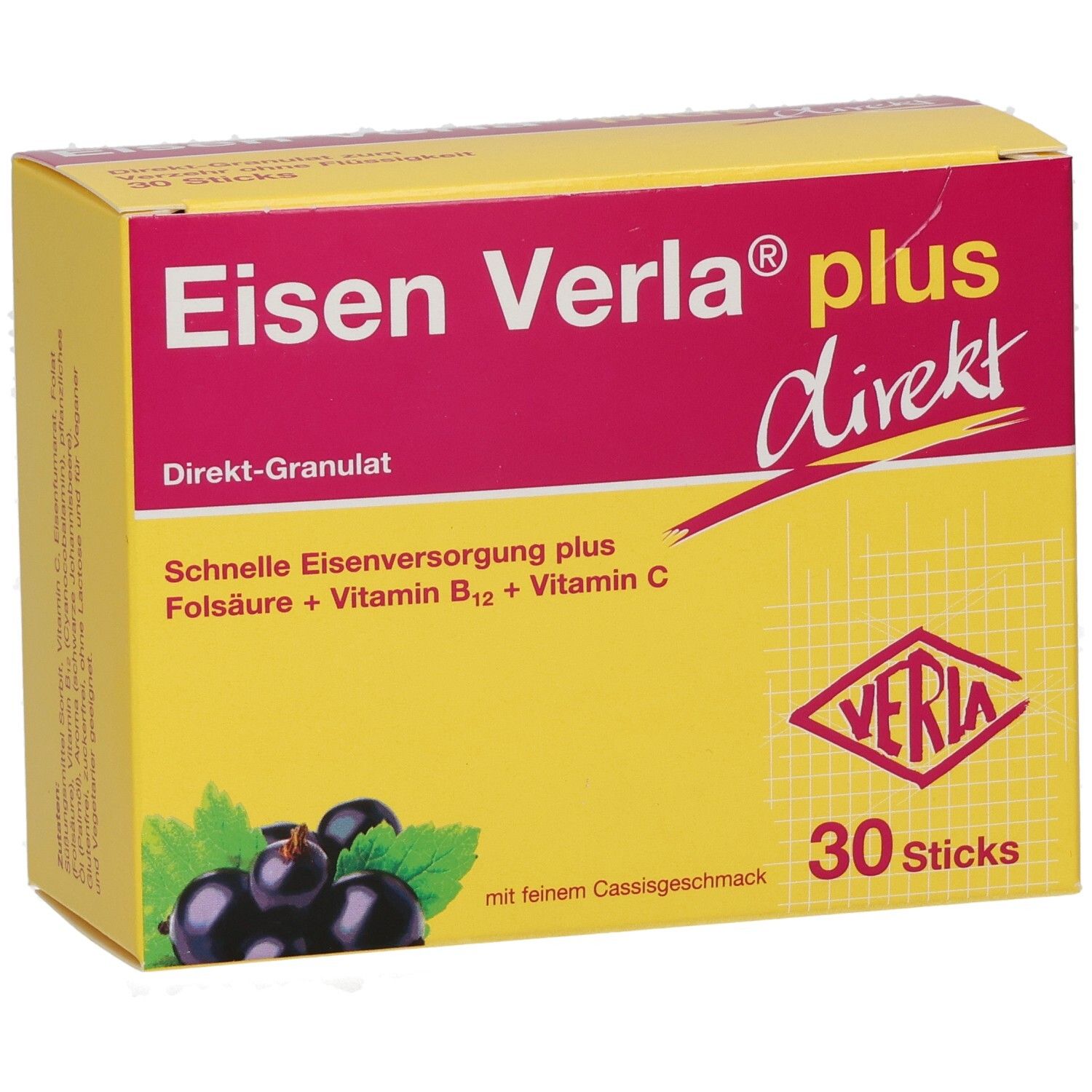 Gelb-rote Schachtel, Produktname Eisen Verla plus direkt. Enthält 30 Sticks. Abbildung von schwarzen Johannisbeeren.