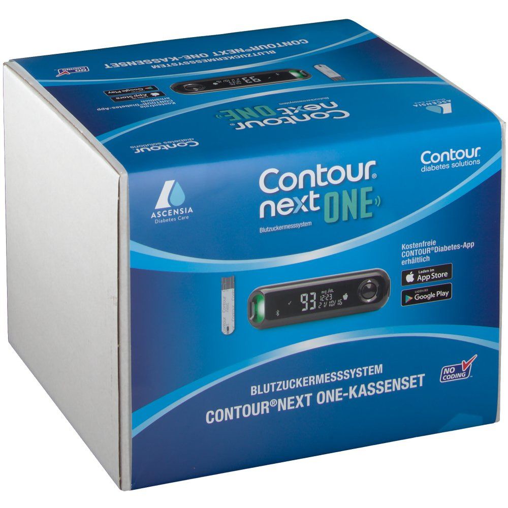Blutzuckermesssystem CONTOUR NEXT ONE-Kassenset. Verpackung mit Produktabbildung und App-Hinweis. Ascensia Diabetes Care Logo.