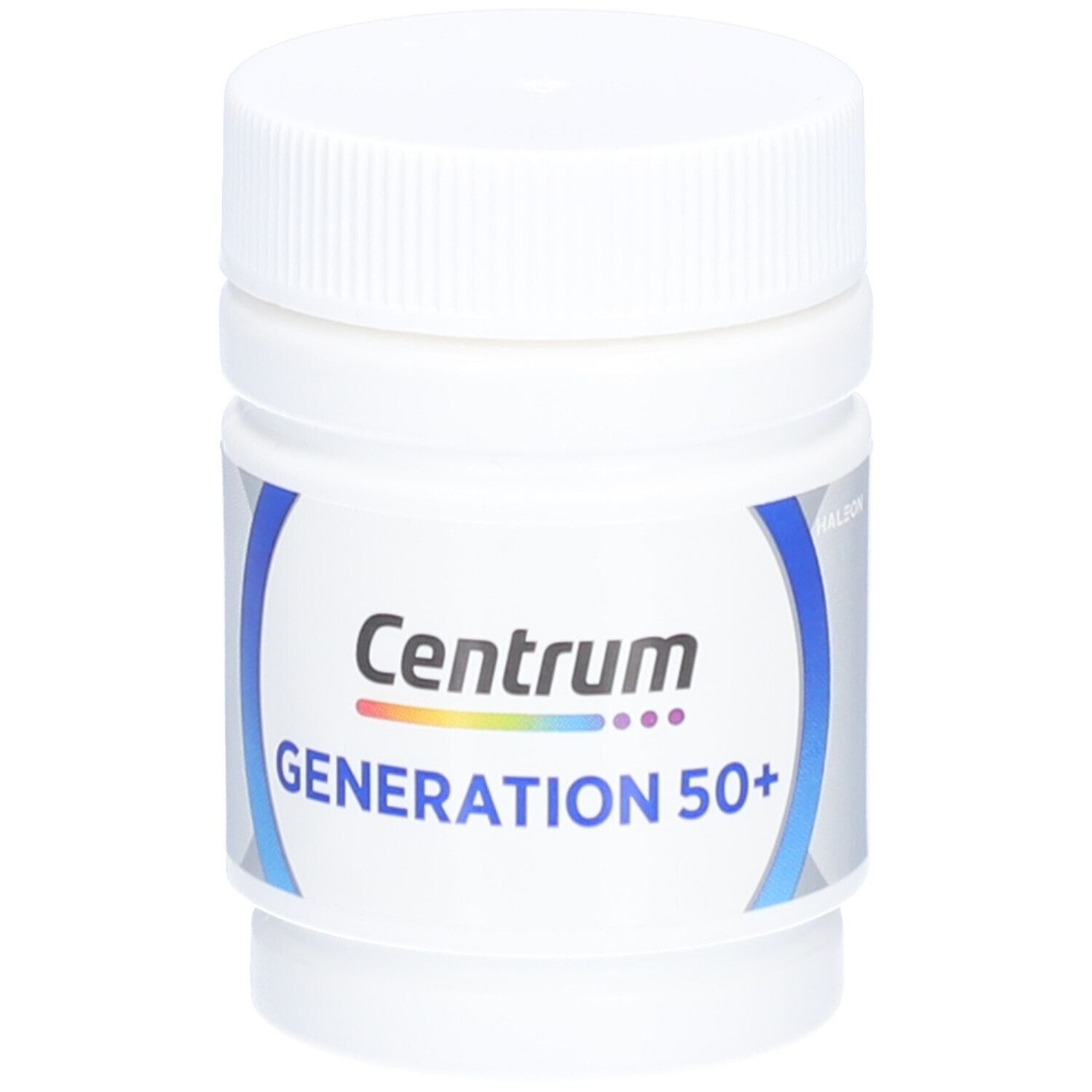 Weiße Flasche mit blau-weißem Etikett. Aufschrift: Centrum GENERATION 50+.