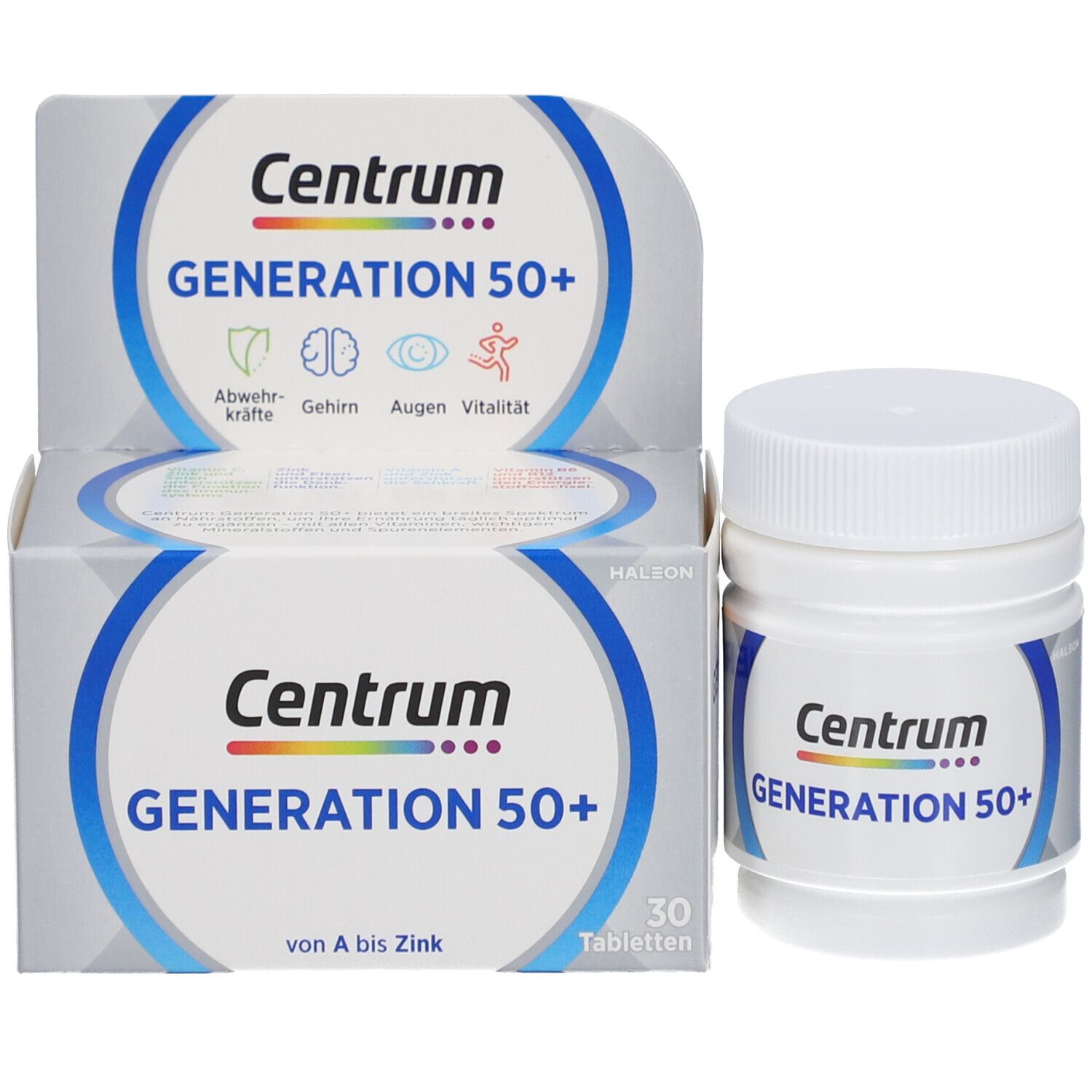 Produktverpackung mit Flasche und Karton. Aufschrift: Centrum GENERATION 50+.