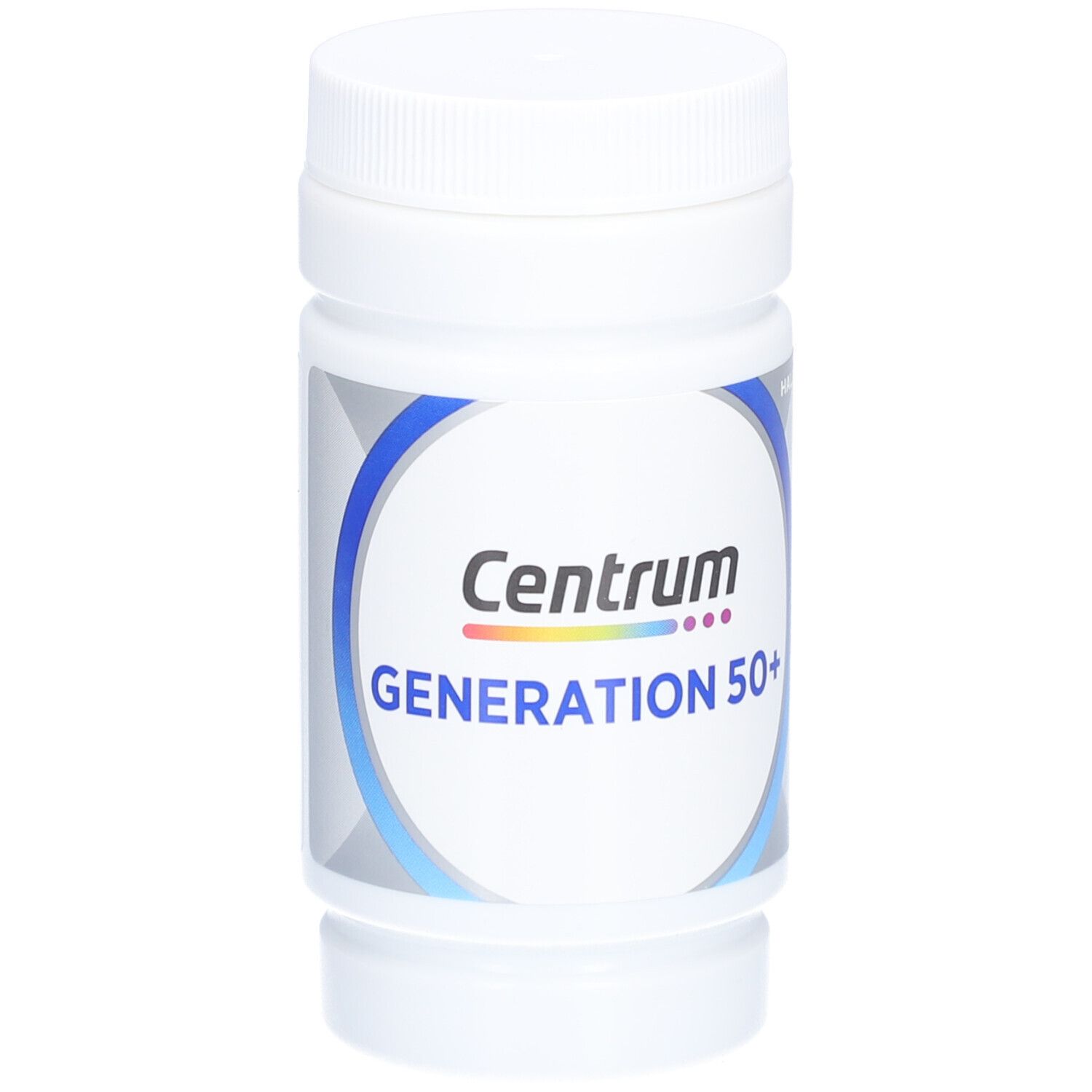 Weiße Flasche mit Schraubverschluss. Aufschrift: Centrum Generation 50+.