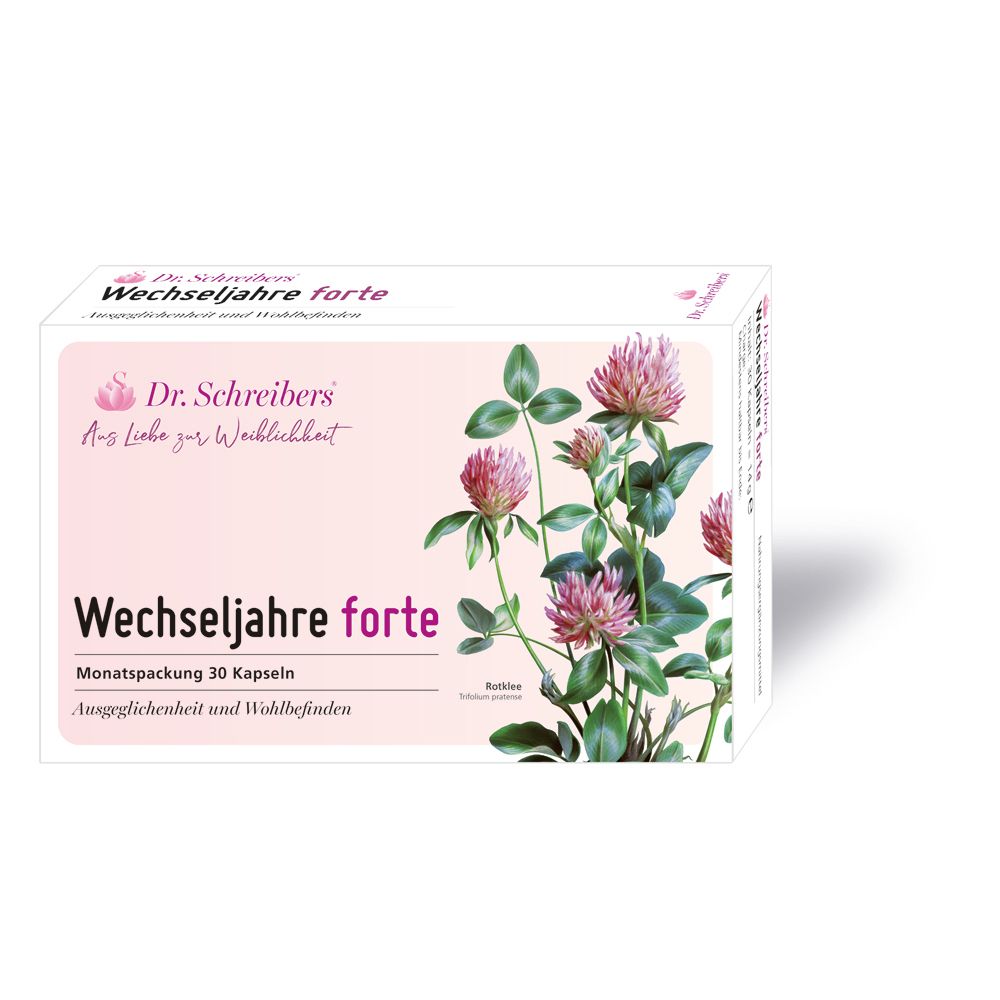 Verpackung von Dr. Schreibers Wechseljahre FORTE, Monatspackung 30 Kapseln, mit Rotklee-Motiv.