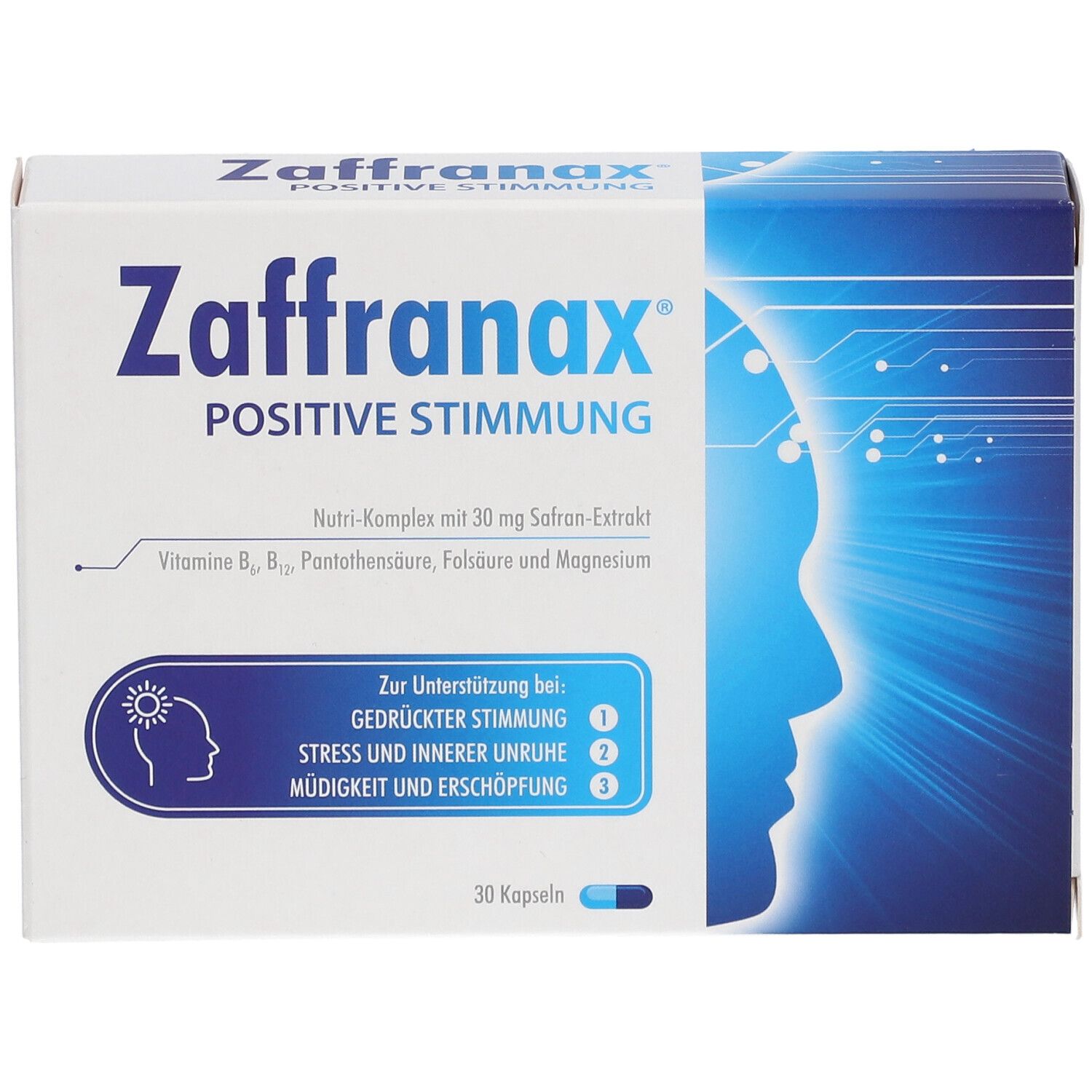 Zaffranax® Positive Stimmung-Verpackung. Weiß-blaue Schachtel mit Produktnamen, Inhaltsstoffen und Indikationen. 30 Kapseln.