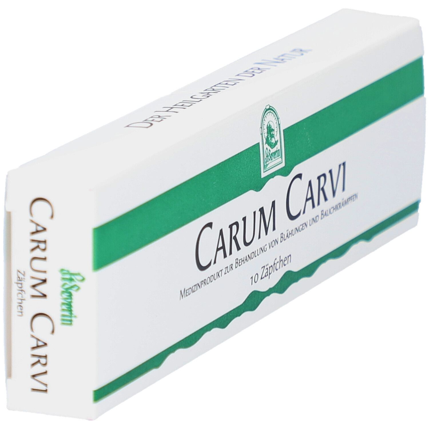 Schachtel mit grünen Streifen. Aufschrift: Carum Carvi, 10 Zäpfchen. Text: Medizinprodukt zur Behandlung von Blähungen und Bauchkrämpfen. Logo.