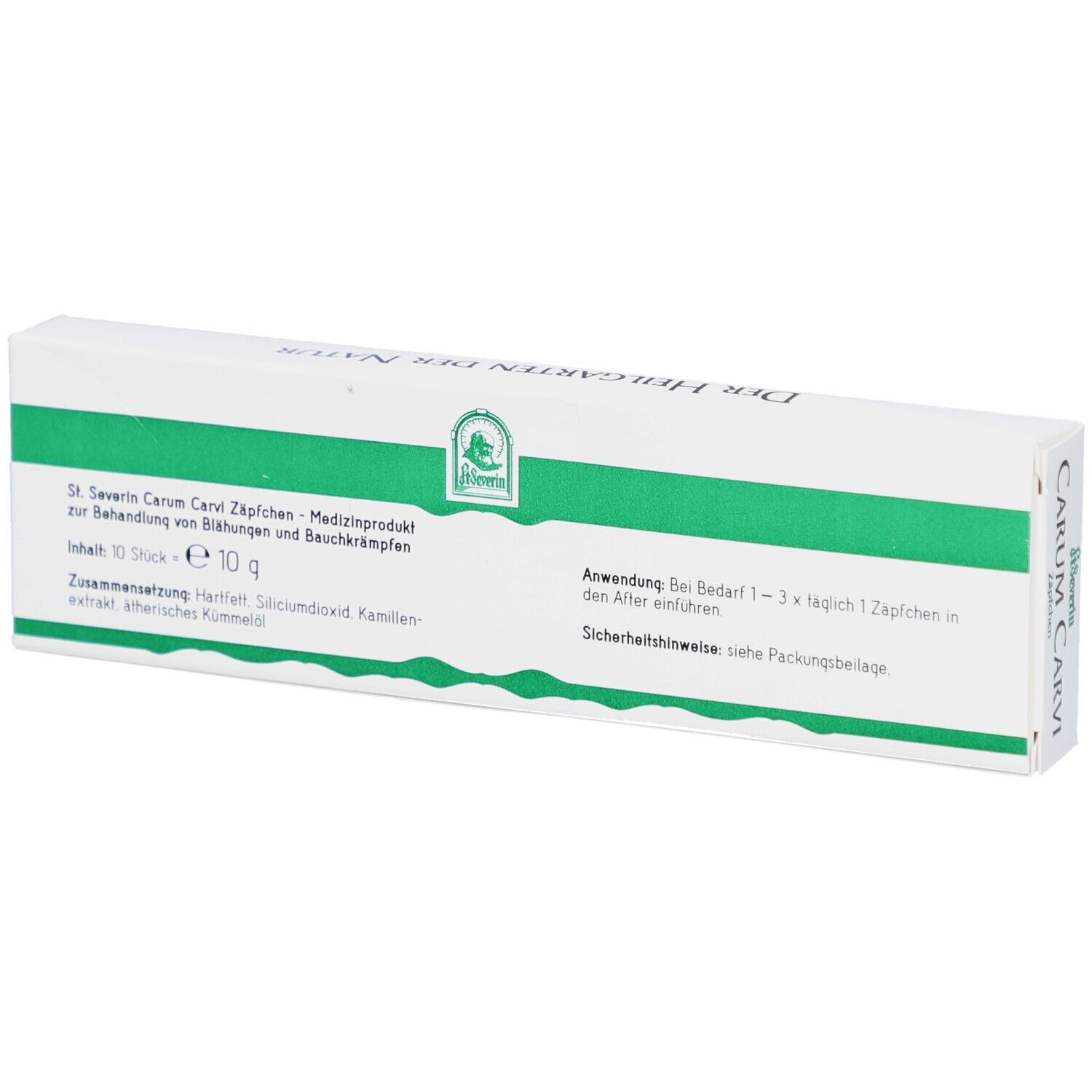 Weiße Schachtel mit grünen Streifen. Text: Carum Carvi Zäpfchen, Medizinprodukt. Inhalt: 10 g. Anwendung: 1-3 Zäpfchen. Inhaltsstoffe.