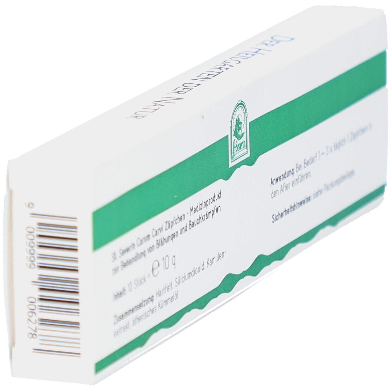 Weiße Schachtel mit grünen Streifen. Text: Carum Carvi Zäpfchen, Medizinprodukt. Inhalt: 10 g. Anwendung: 1-3 Zäpfchen. Warnhinweise.