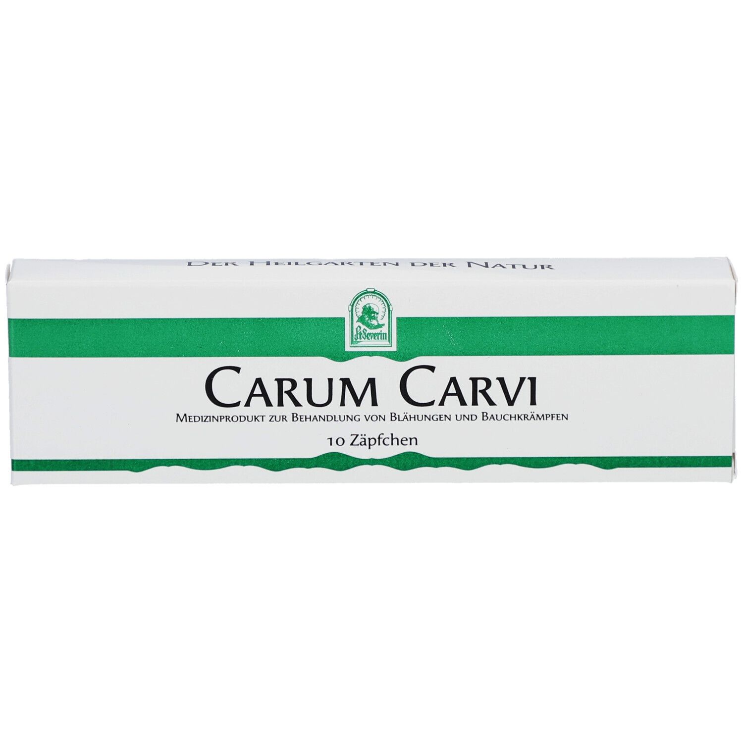 Weiße Schachtel mit grünen Streifen. Aufschrift: Carum Carvi, 10 Zäpfchen. Text: Medizinprodukt zur Behandlung von Blähungen und Bauchkrämpfen.