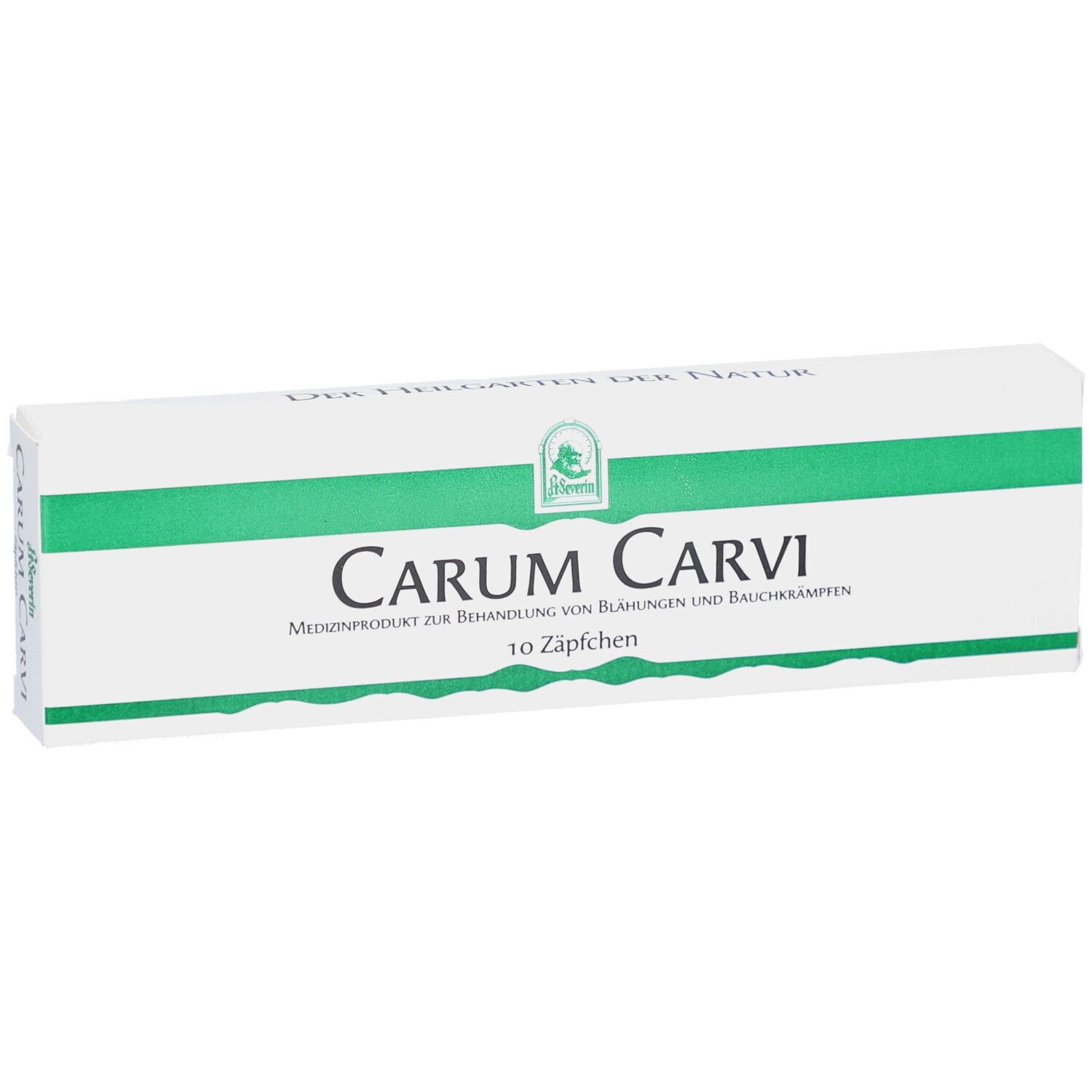Weiße Schachtel mit grünen Streifen. Aufschrift: Carum Carvi, 10 Zäpfchen. Text: Medizinprodukt zur Behandlung von Blähungen und Bauchkrämpfen.