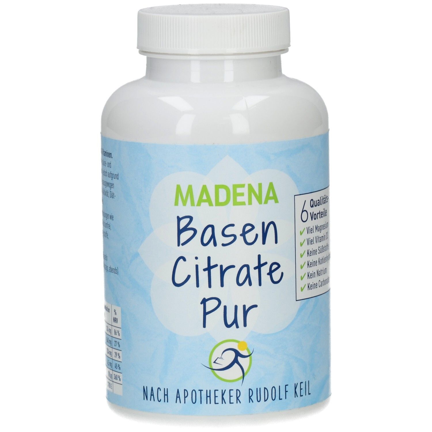 Weiße Flasche mit blauem Etikett. Aufschrift: Madena Basen Citrate Pur. Sechs Qualitätsvorteile sind aufgelistet.