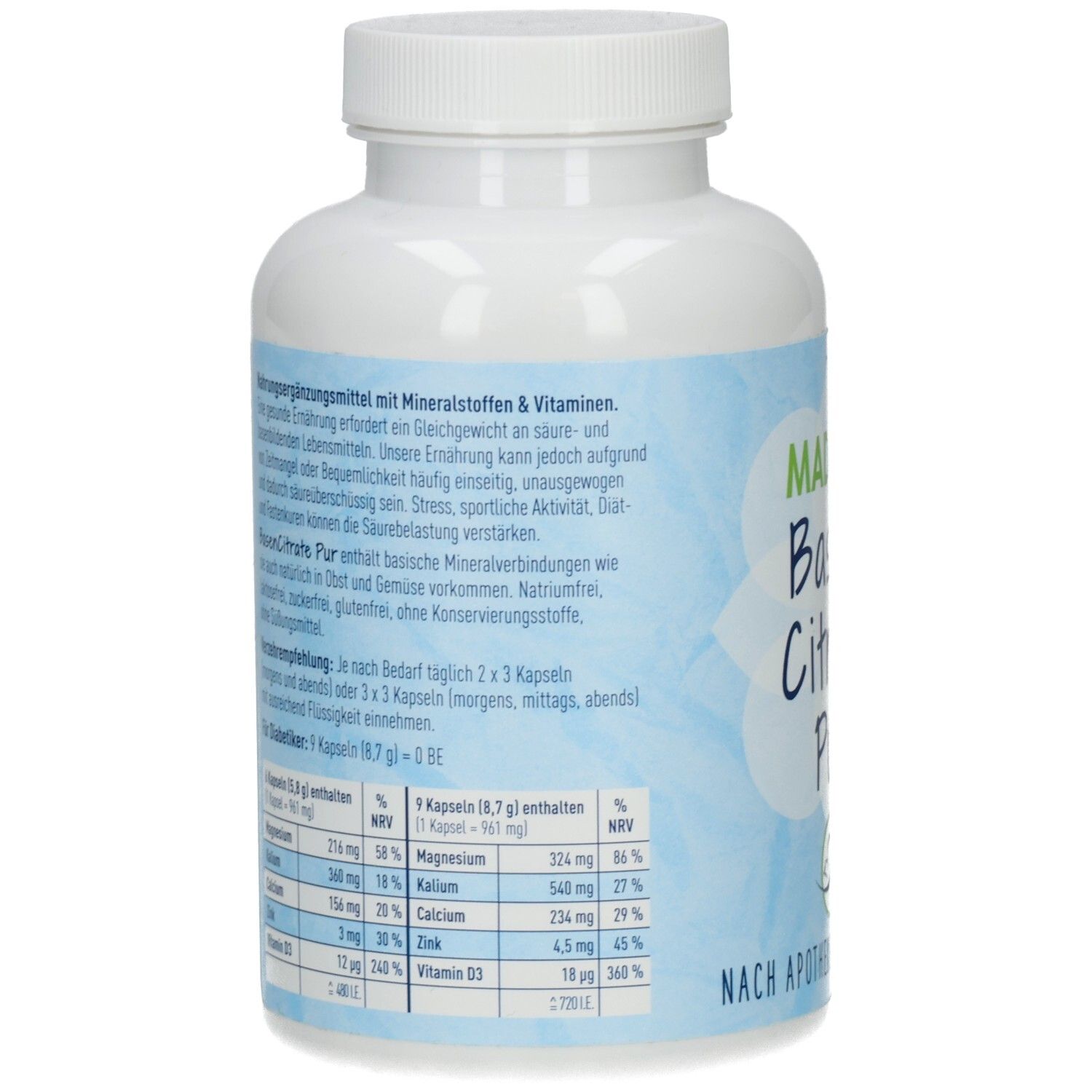 Rückseite der weißen Flasche. Text über Mineralstoffe und Vitamine. Nährwerttabelle mit Angaben zu Magnesium, Kalium, etc.