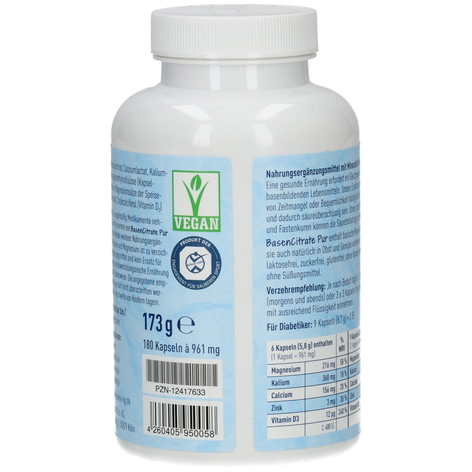 Rückseite der weißen Flasche. Vegan-Siegel. Text über Nahrungsergänzungsmittel. Nährwerttabelle. 180 Kapseln, 173g.