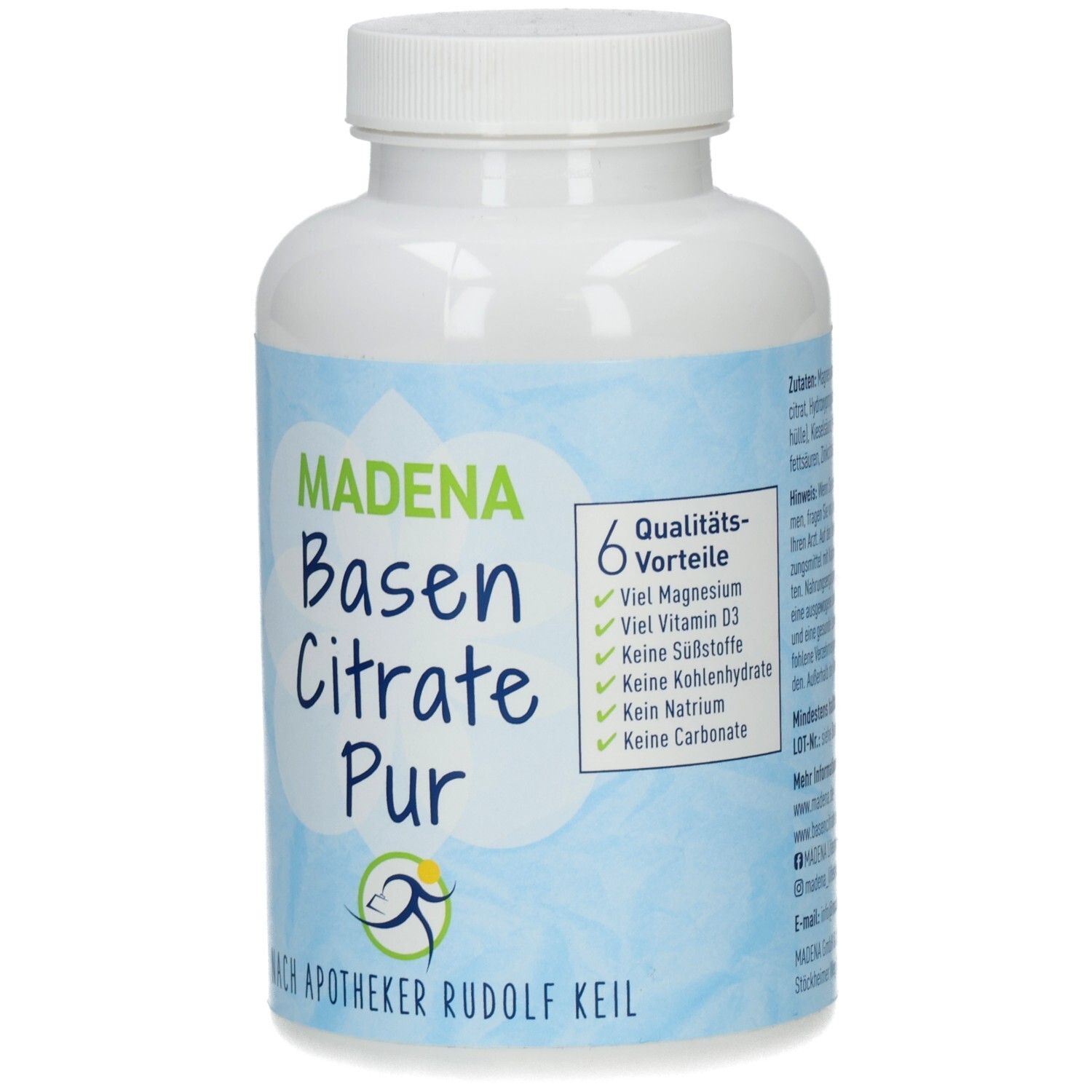 Weiße Flasche mit blauem Etikett. Aufschrift: Madena Basen Citrate Pur. Sechs Qualitätsvorteile sind aufgelistet.