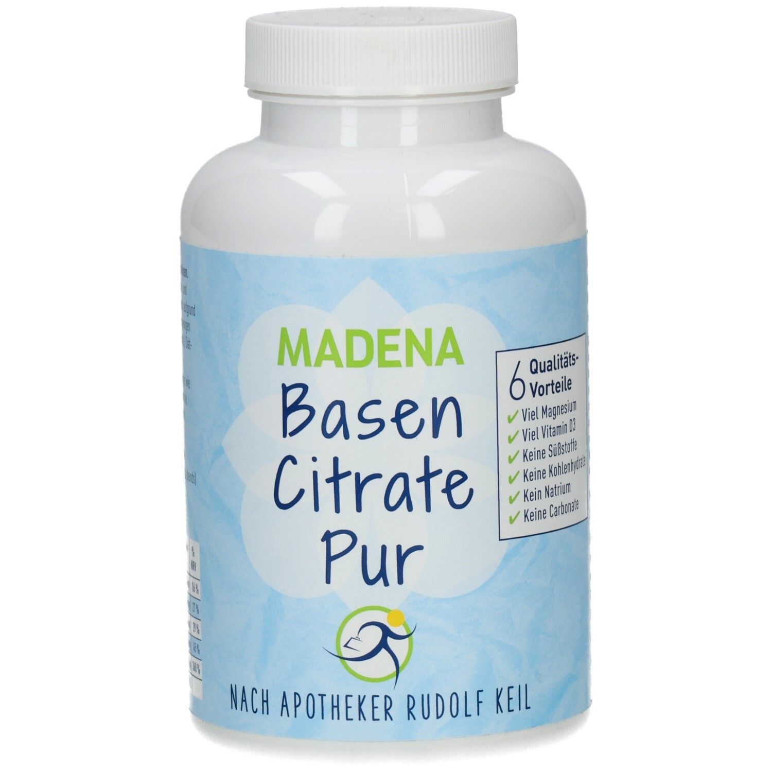 Weiße Flasche mit blauem Etikett. Aufschrift: Madena Basen Citrate Pur. Sechs Qualitätsvorteile sind aufgelistet.