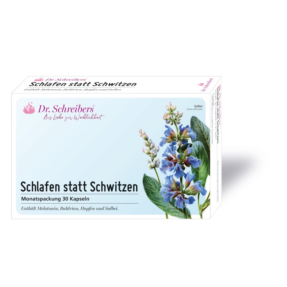 Dr. Schreibers Schlafen statt Schwitzen: Monatspackung mit 30 Kapseln, enthält Melatonin, Baldrian, Hopfen und Salbei.