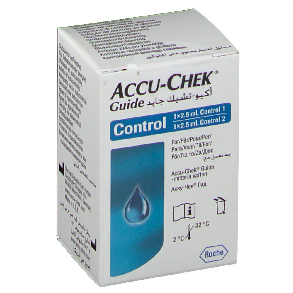 Verpackung von ACCU-CHEK Guide Control. Weißer Karton mit blauer Tropfen-Grafik. Enthält 1x2.5 ml Control 1 und 1x2.5 ml Control 2.