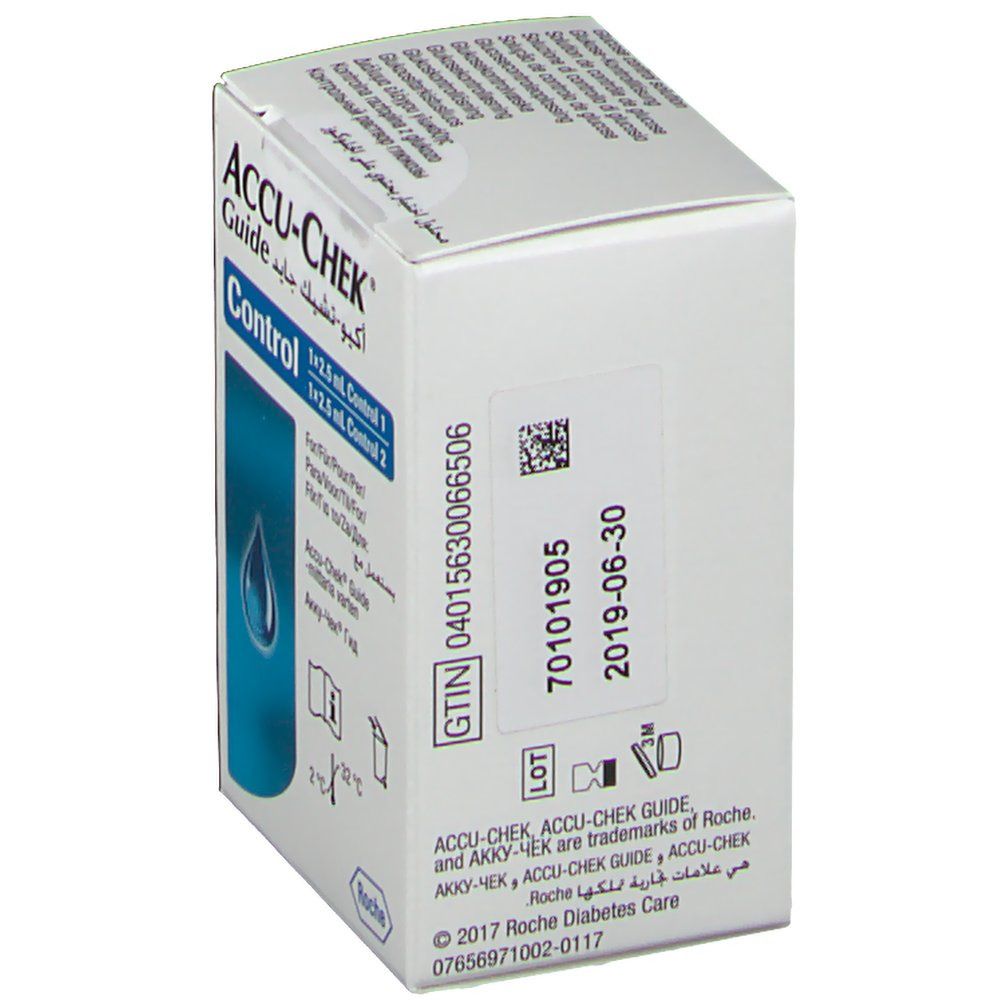 ACCU-CHEK Guide Control Verpackung. Weißer Karton mit Produktinformationen und Chargennummer. Enthält 1x2.5 ml Control 1 und 1x2.5 ml Control 2.