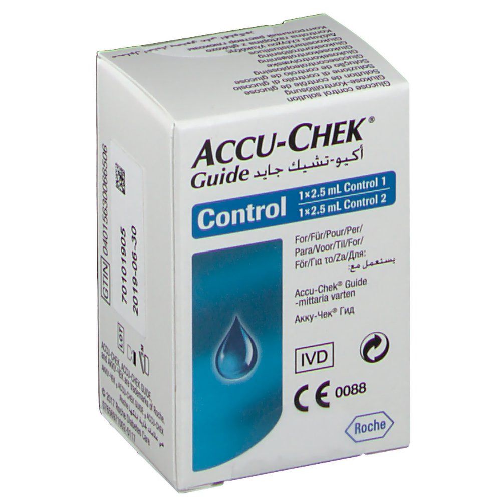 ACCU-CHEK Guide Control Verpackung. Weißer Karton mit Produktnamen und blauer Tropfen-Grafik. Enthält 1x2.5 ml Control 1 und 1x2.5 ml Control 2.