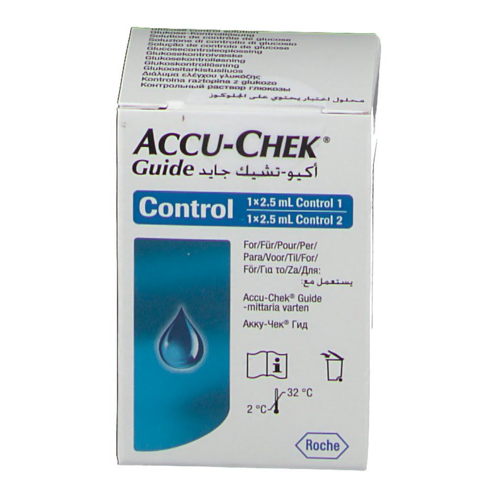 ACCU-CHEK Guide Control Verpackung. Weißer Karton mit Produktnamen und blauer Tropfen-Grafik. Enthält 1x2.5 ml Control 1 und 1x2.5 ml Control 2.