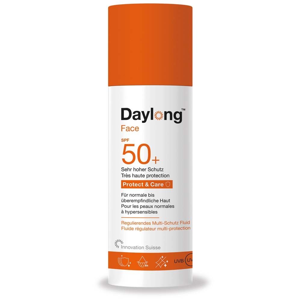 Weiße Flasche mit orangefarbenem Deckel. Daylong Face SPF 50+ Text. Protect & Care. Multi-Schutz Fluid.
