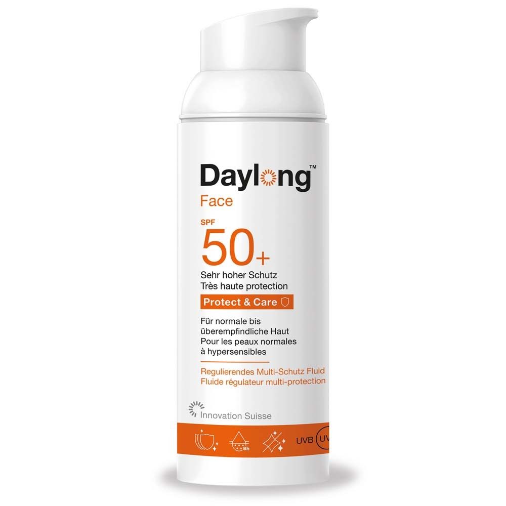 Weiße Flasche mit weißem Pumpkopf. Daylong Face SPF 50+ Text. Protect & Care. Multi-Schutz Fluid.