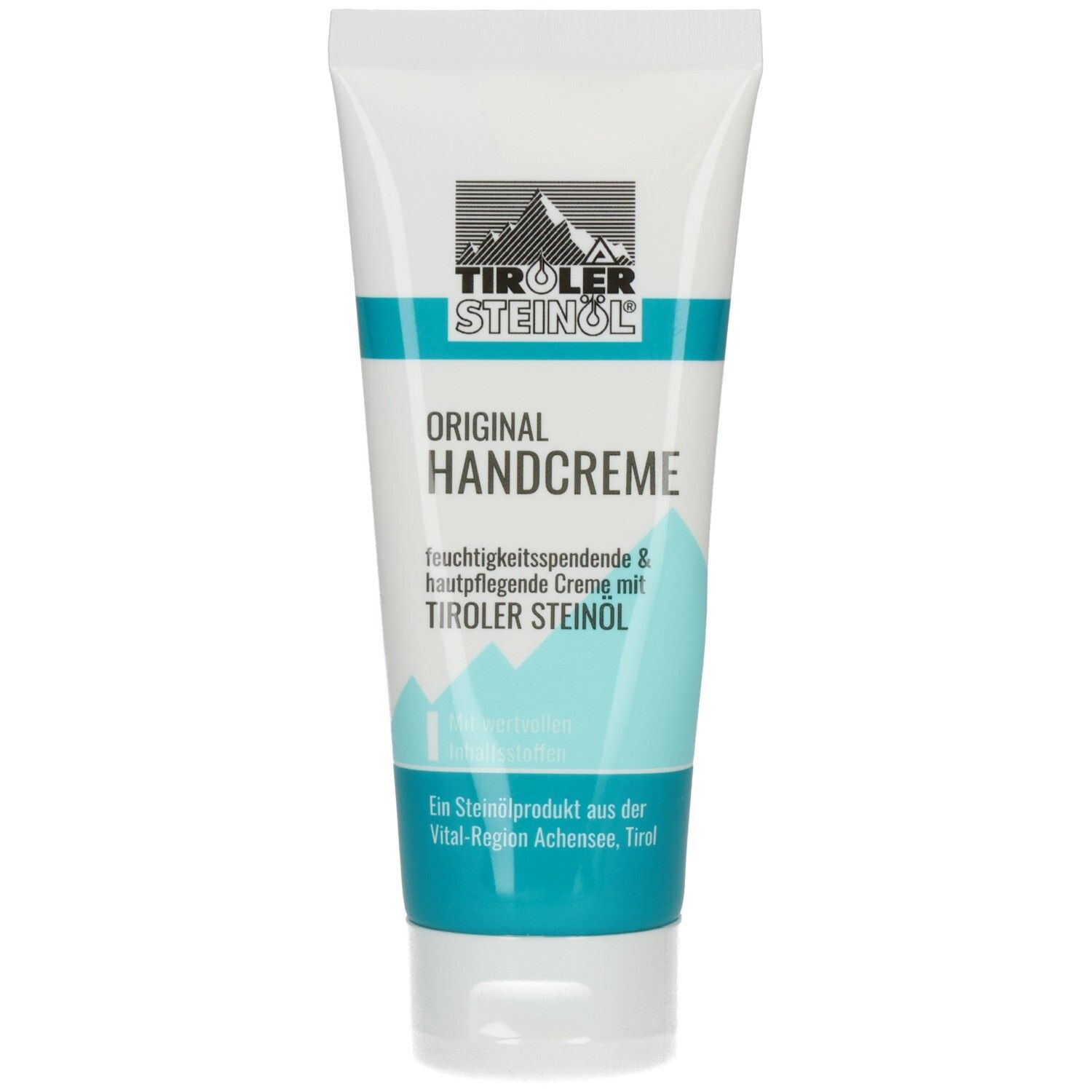 Weisse Tube mit blau-türkiser Beschriftung. Logo mit Berg und Schriftzug Tiroler Steinöl. Aufschrift: Original Handcreme.