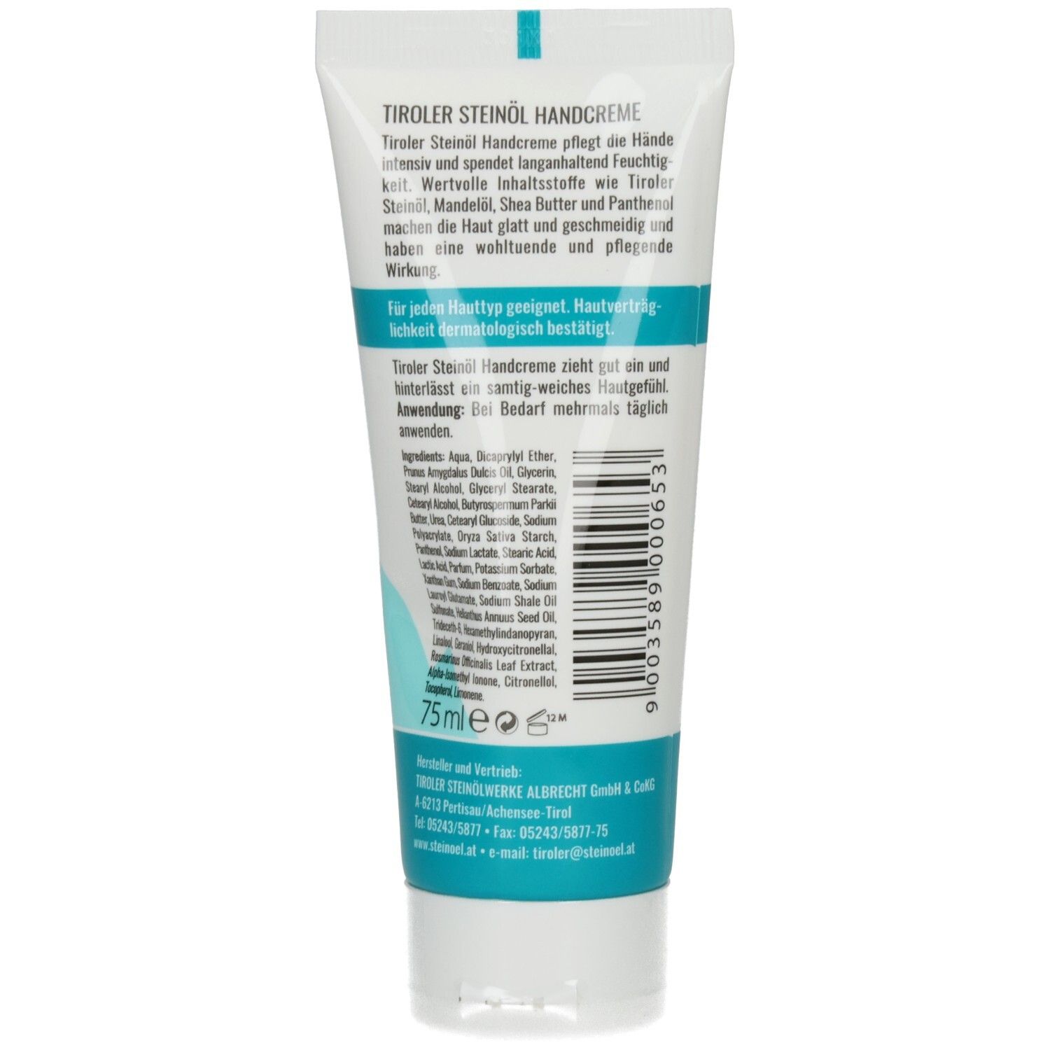Rückseite einer weissen Tube. Text in deutscher Sprache. Aufschrift: Tiroler Steinöl Handcreme. Inhaltsangaben und Herstellerinformationen.