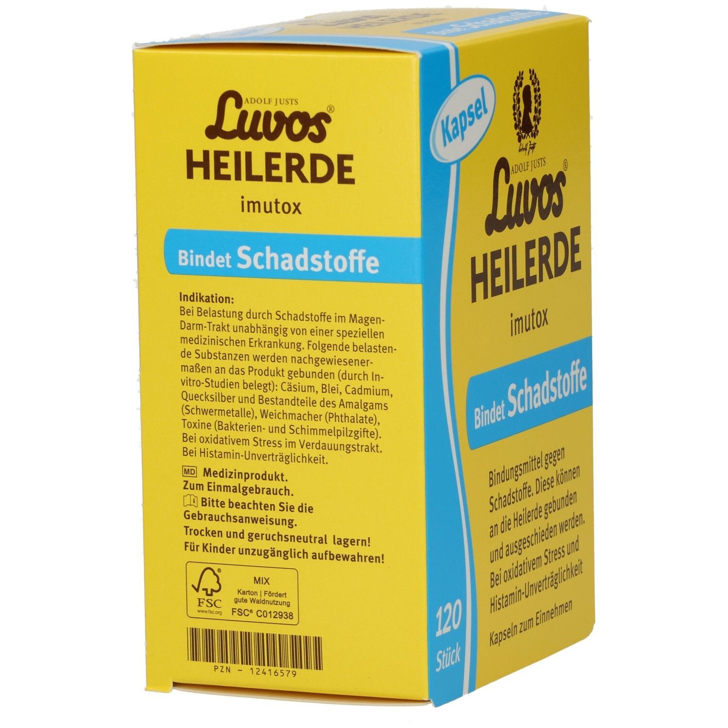 Gelbe Schachtel "Luvos Heilerde imutox". Text: "Bindet Schadstoffe", "120 Stück". FSC-Logo. Blaue Akzente.