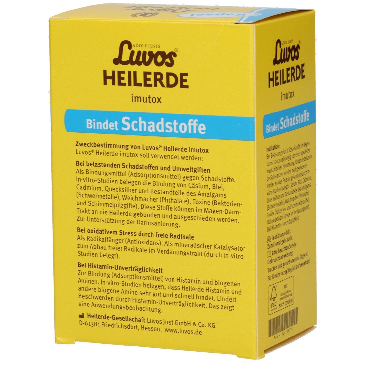 Gelbe Schachtel "Luvos Heilerde imutox". Text: "Bindet Schadstoffe". Rückseite mit Text. FSC-Logo.