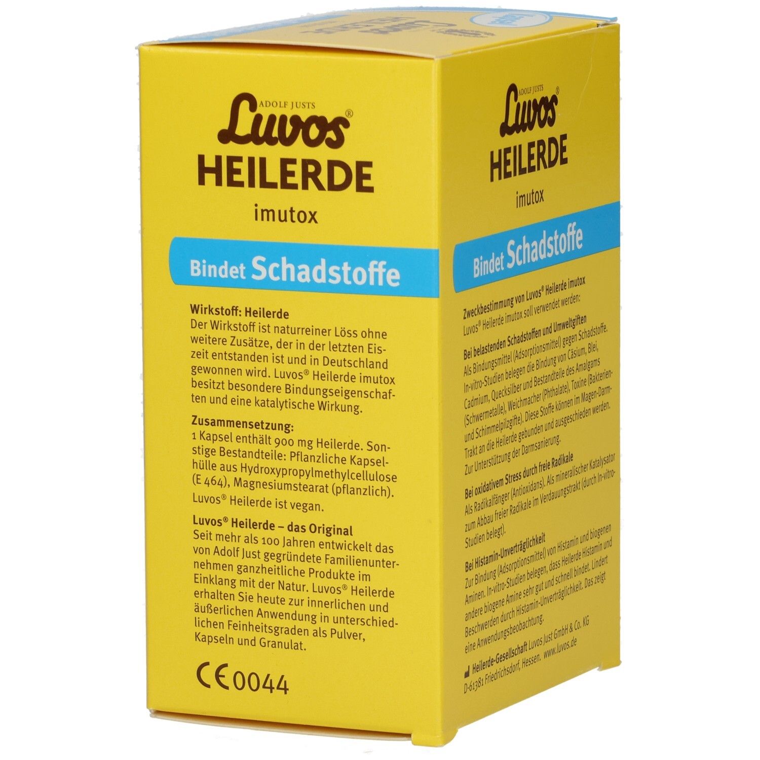 Gelbe Schachtel "Luvos Heilerde imutox". Text: "Bindet Schadstoffe". Rückseite mit Text. CE-Kennzeichnung.