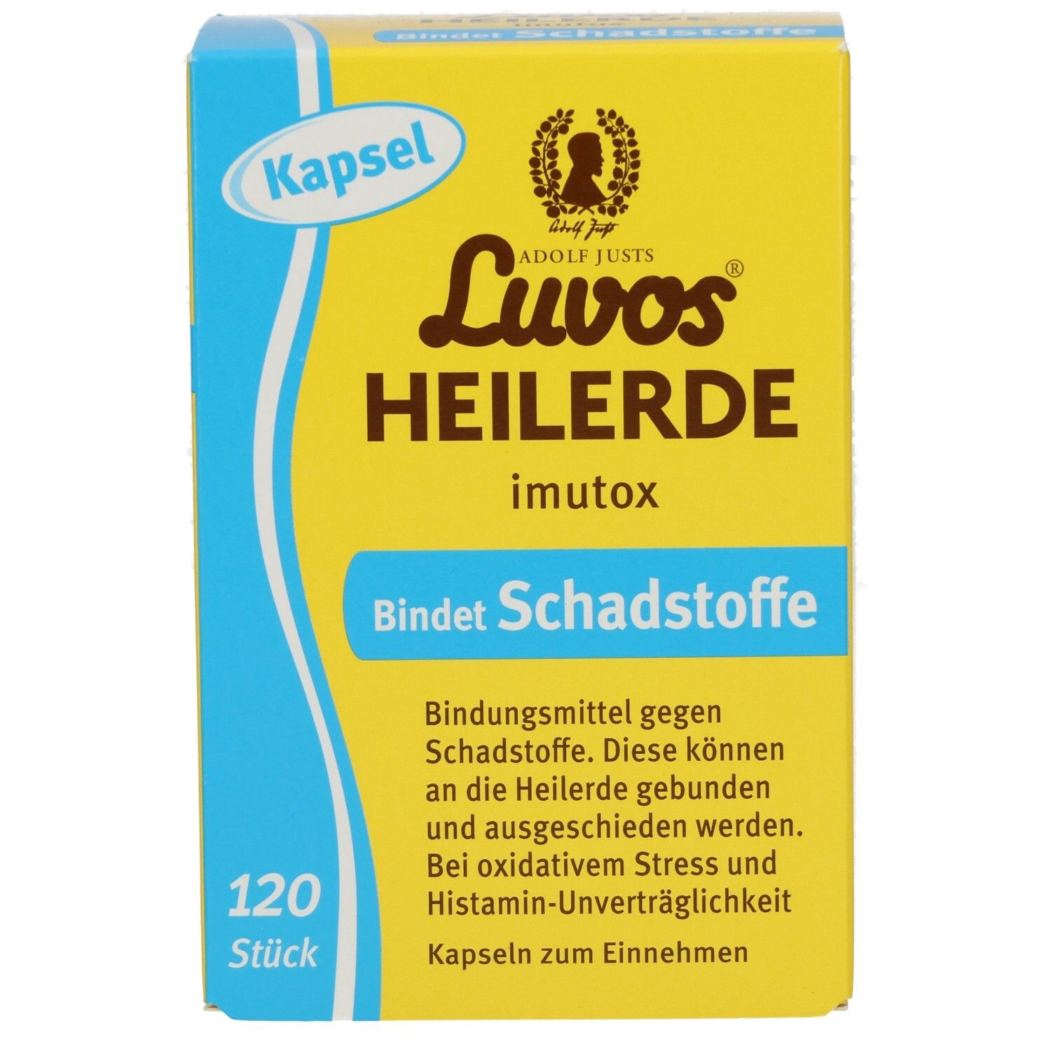 Gelbe Schachtel "Luvos Heilerde imutox". Text: "Bindet Schadstoffe", "120 Stück". Blaue Akzente.