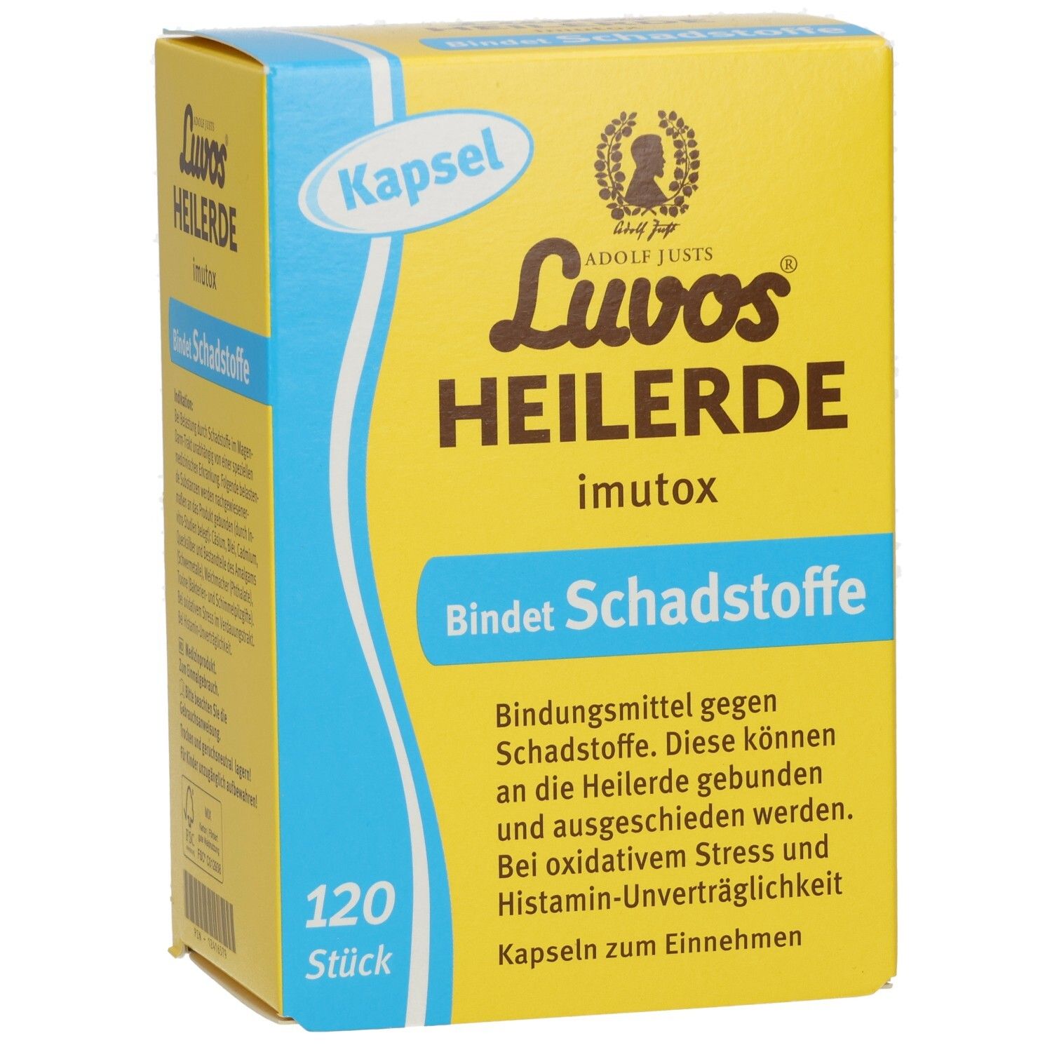 Gelbe Schachtel "Luvos Heilerde imutox". Text: "Bindet Schadstoffe", "120 Stück".