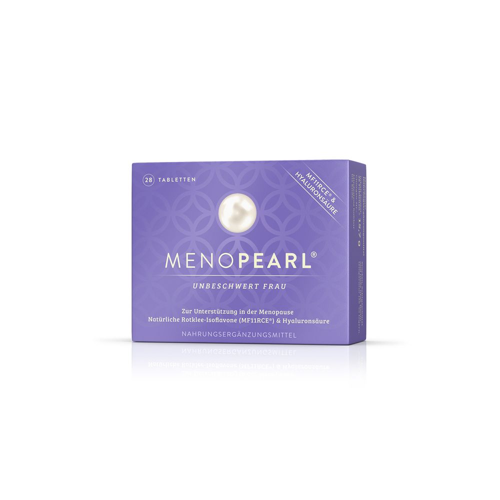 Menopearl® Tabletten-Packung. Lila Schachtel mit Produktnamen und Logo. Enthält 28 Tabletten.
