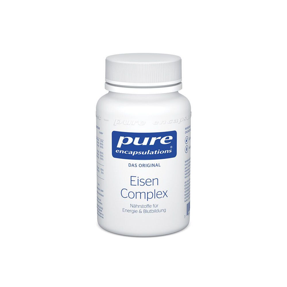 Weiße Flasche mit blauem Etikett. Aufschrift: pure encapsulations®, Eisen Complex. Kapseln für Energie & Blutbildung.