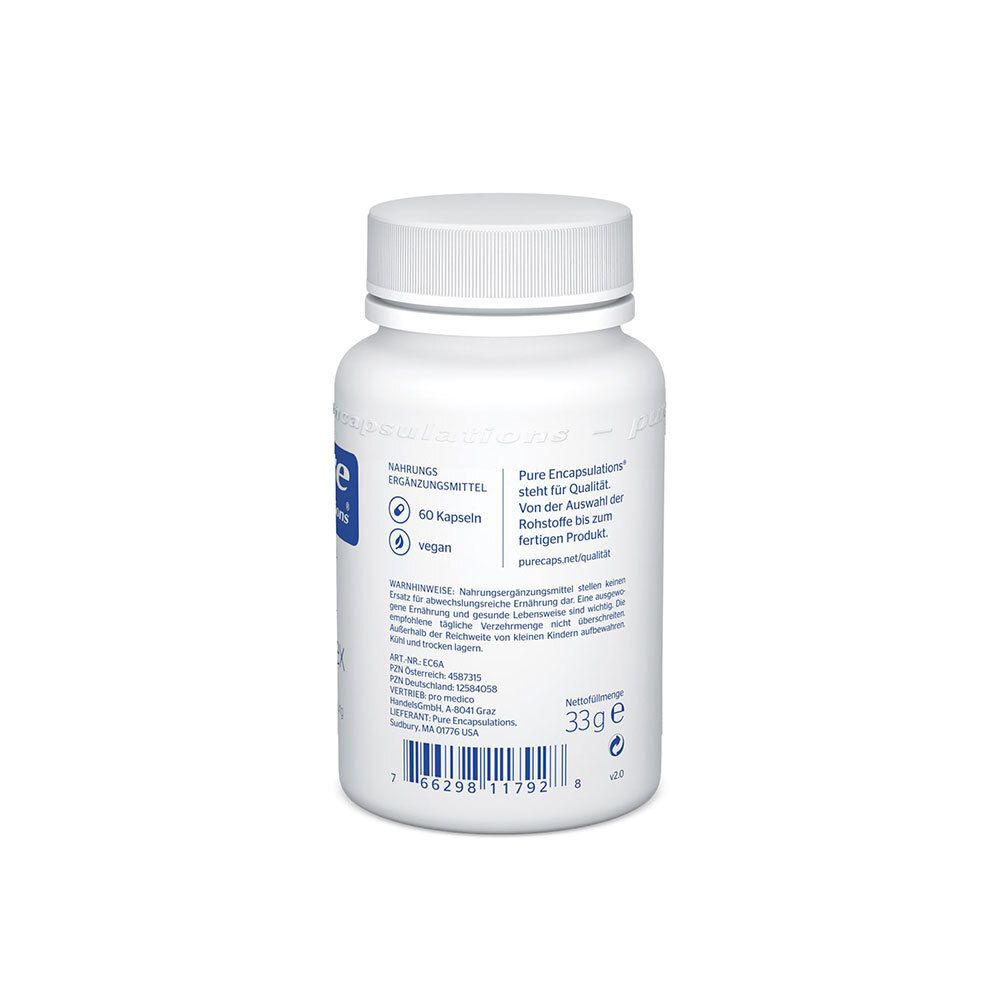 Rückansicht der weißen Flasche. Aufschrift: 60 Kapseln, vegan. Text über Nährwertangaben und Qualität von Pure Encapsulations®.
